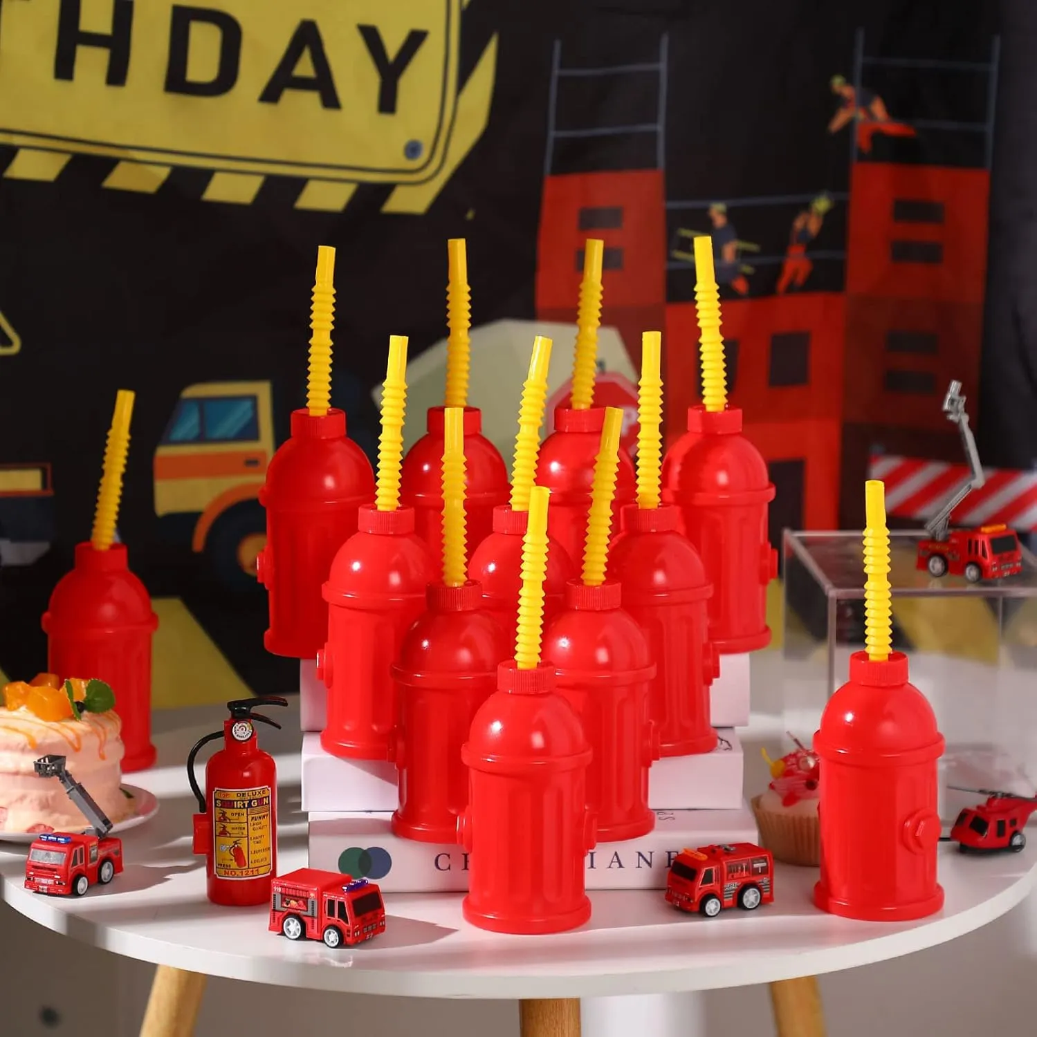 Sratte 24 Pcs Fire Hydrant Straws Cups with Lids Firefighter Birthday Party Favors Red Plastic Fire Hydrant Supplies Cups Firetruck Fireman Party Decorations