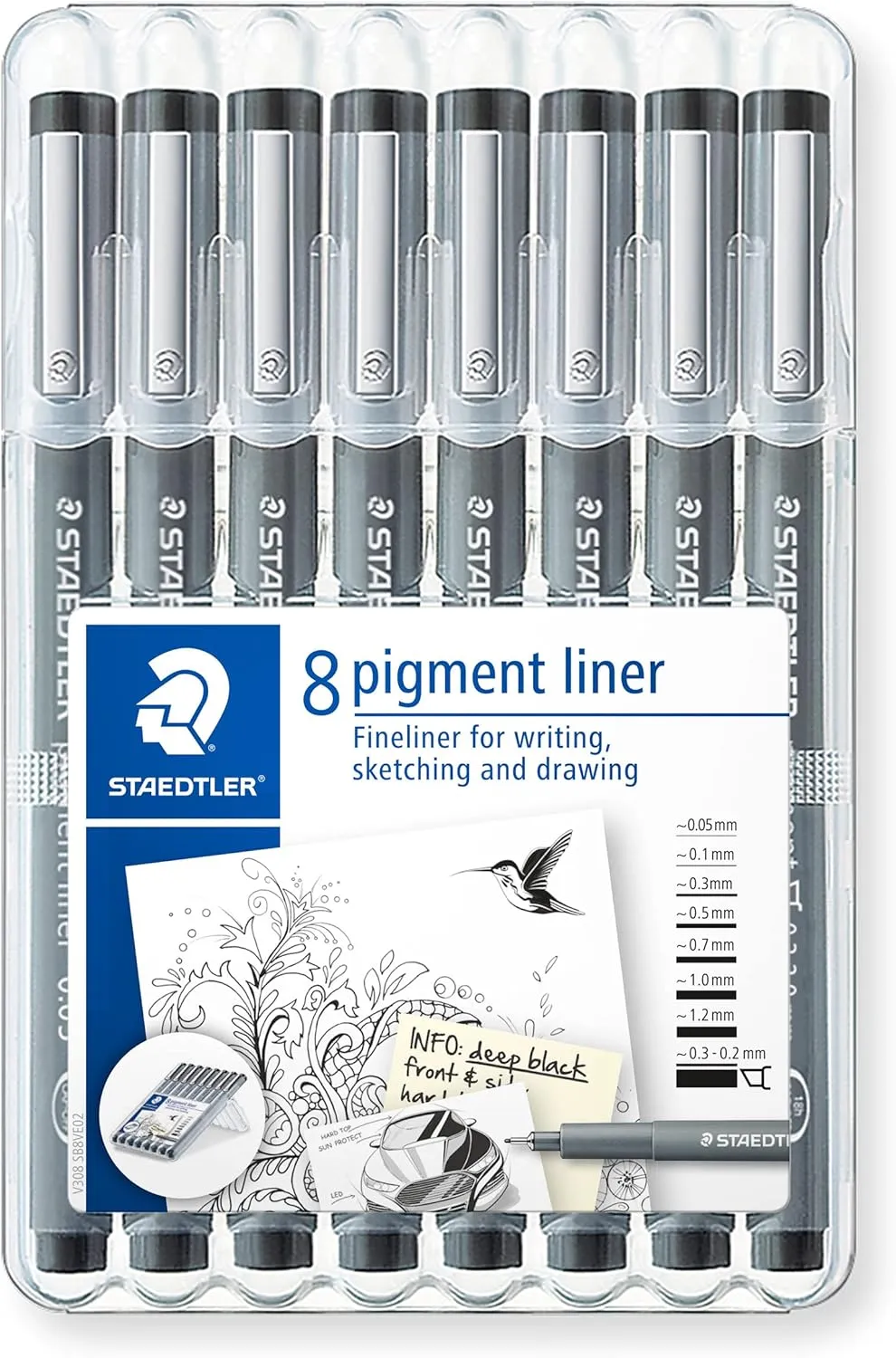 STAEDTLER 308 SB8 Pigment Liner Pens - Assorted Line Widths, Black (Set of 8)