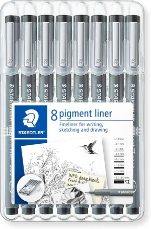 STAEDTLER 308 SB8 Pigment Liner Pens - Assorted Line Widths, Black (Set of 8)