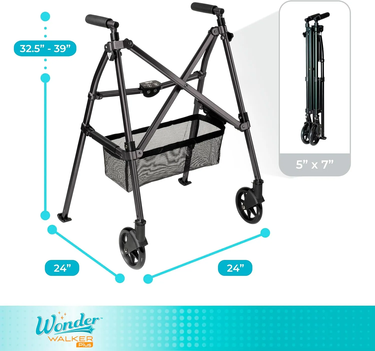 Stander EZ Fold-N-Go Walker, Lightweight Folding Mobility Rolling Walker for Seniors and Adults, 6-inch Wheels, Ski Glides, and Organizer Pouch, Matte Black, Standard, 1.0 Count, 8.0 pounds