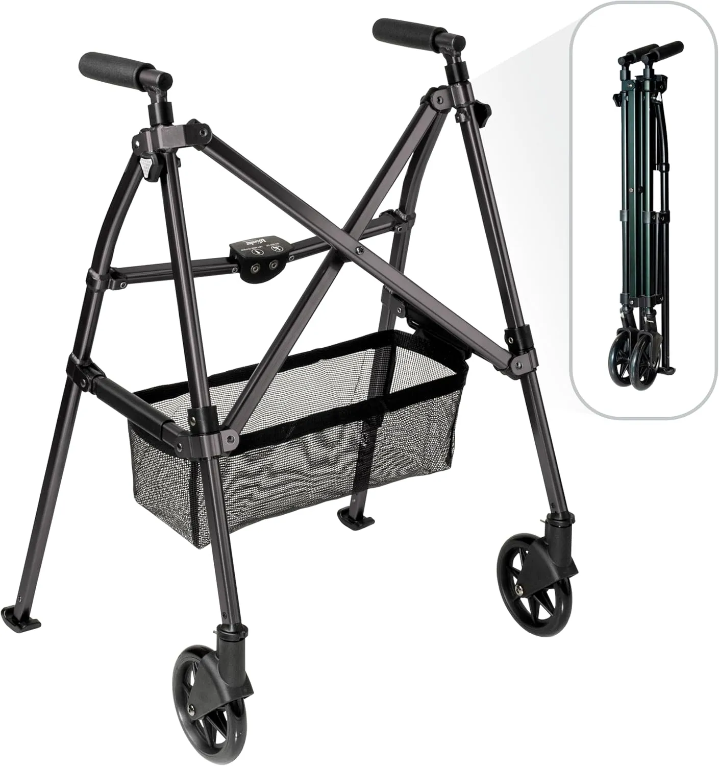 Stander EZ Fold-N-Go Walker, Lightweight Folding Mobility Rolling Walker for Seniors and Adults, 6-inch Wheels, Ski Glides, and Organizer Pouch, Matte Black, Standard, 1.0 Count, 8.0 pounds