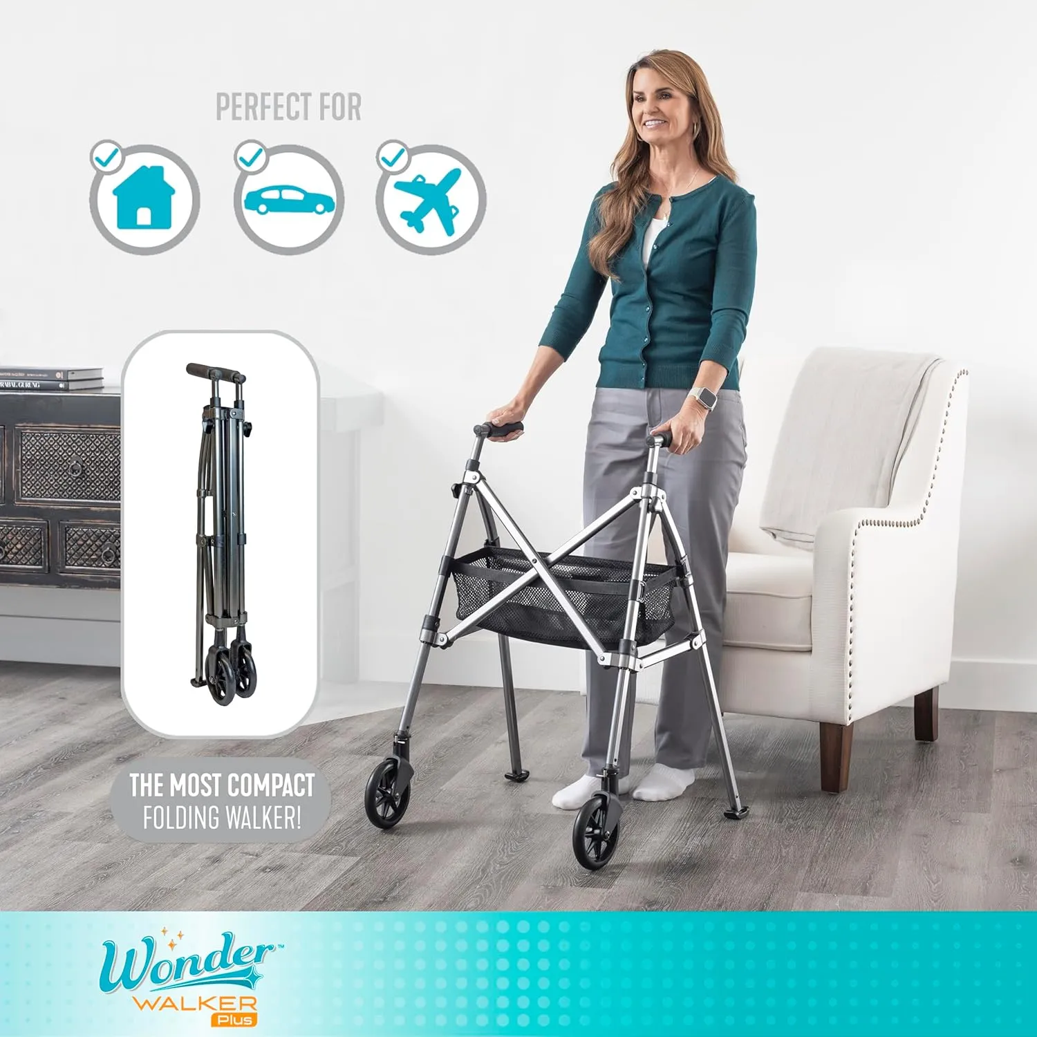 Stander EZ Fold-N-Go Walker, Lightweight Folding Mobility Rolling Walker for Seniors and Adults, 6-inch Wheels, Ski Glides, and Organizer Pouch, Matte Black, Standard, 1.0 Count, 8.0 pounds