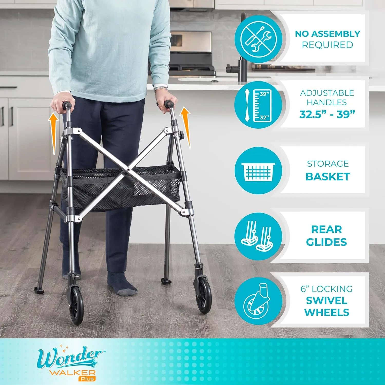 Stander EZ Fold-N-Go Walker, Lightweight Folding Mobility Rolling Walker for Seniors and Adults, 6-inch Wheels, Ski Glides, and Organizer Pouch, Matte Black, Standard, 1.0 Count, 8.0 pounds