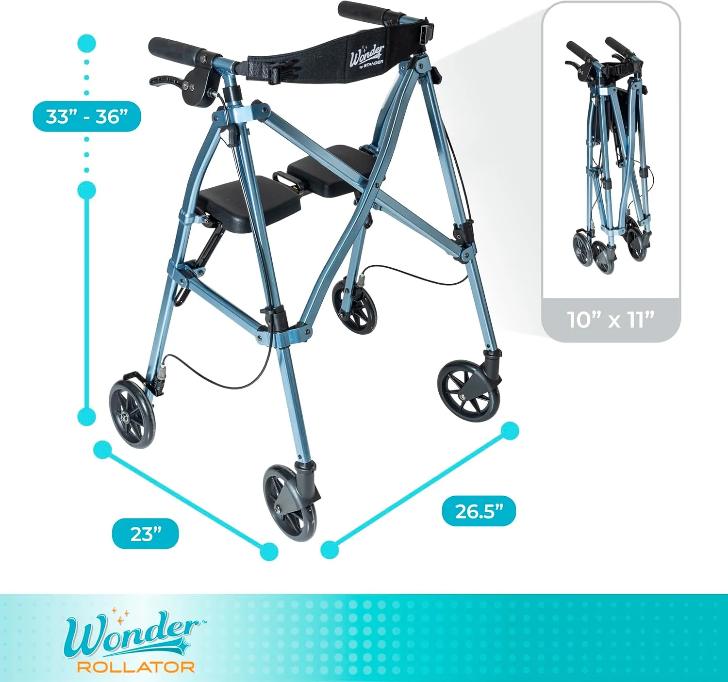 Stander Wonder Rollator, Lightweight Folding Space Saver Mobility Rolling Walker for Seniors and Adults, 6-inch Wheels, Locking Brakes, and Padded Seat with Backrest, Cobalt Blue