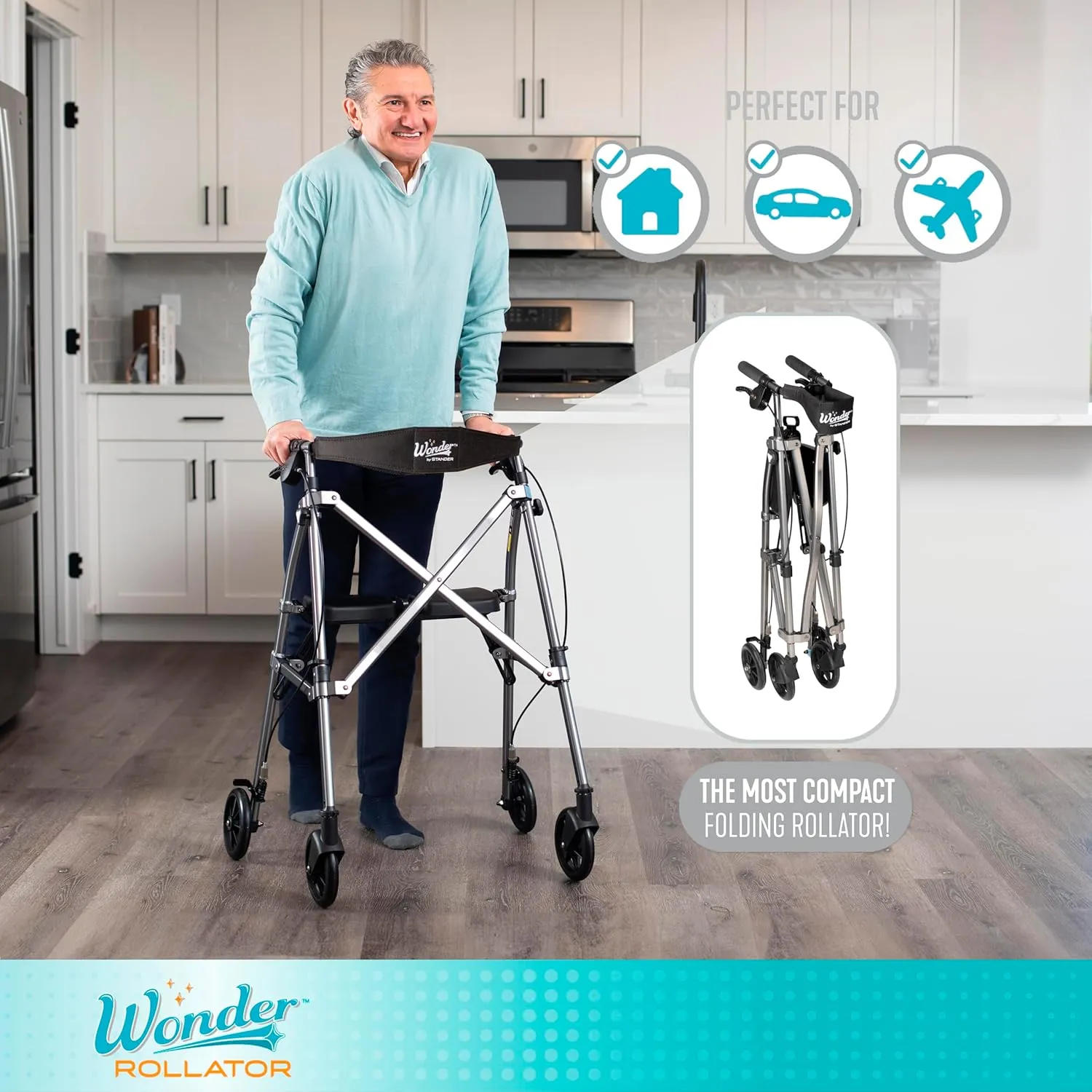 Stander Wonder Rollator, Lightweight Folding Space Saver Mobility Rolling Walker for Seniors and Adults, 6-inch Wheels, Locking Brakes, and Padded Seat with Backrest, Cobalt Blue