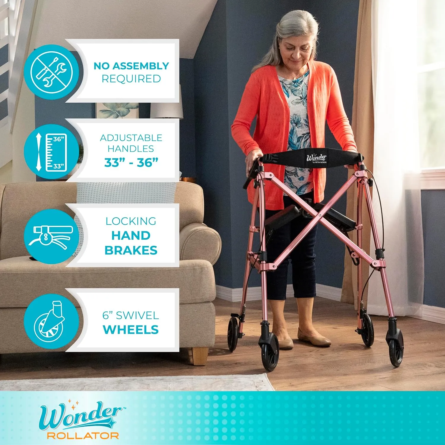 Stander Wonder Rollator, Lightweight Folding Space Saver Mobility Rolling Walker for Seniors and Adults, 6-inch Wheels, Locking Brakes, and Padded Seat with Backrest, Cobalt Blue
