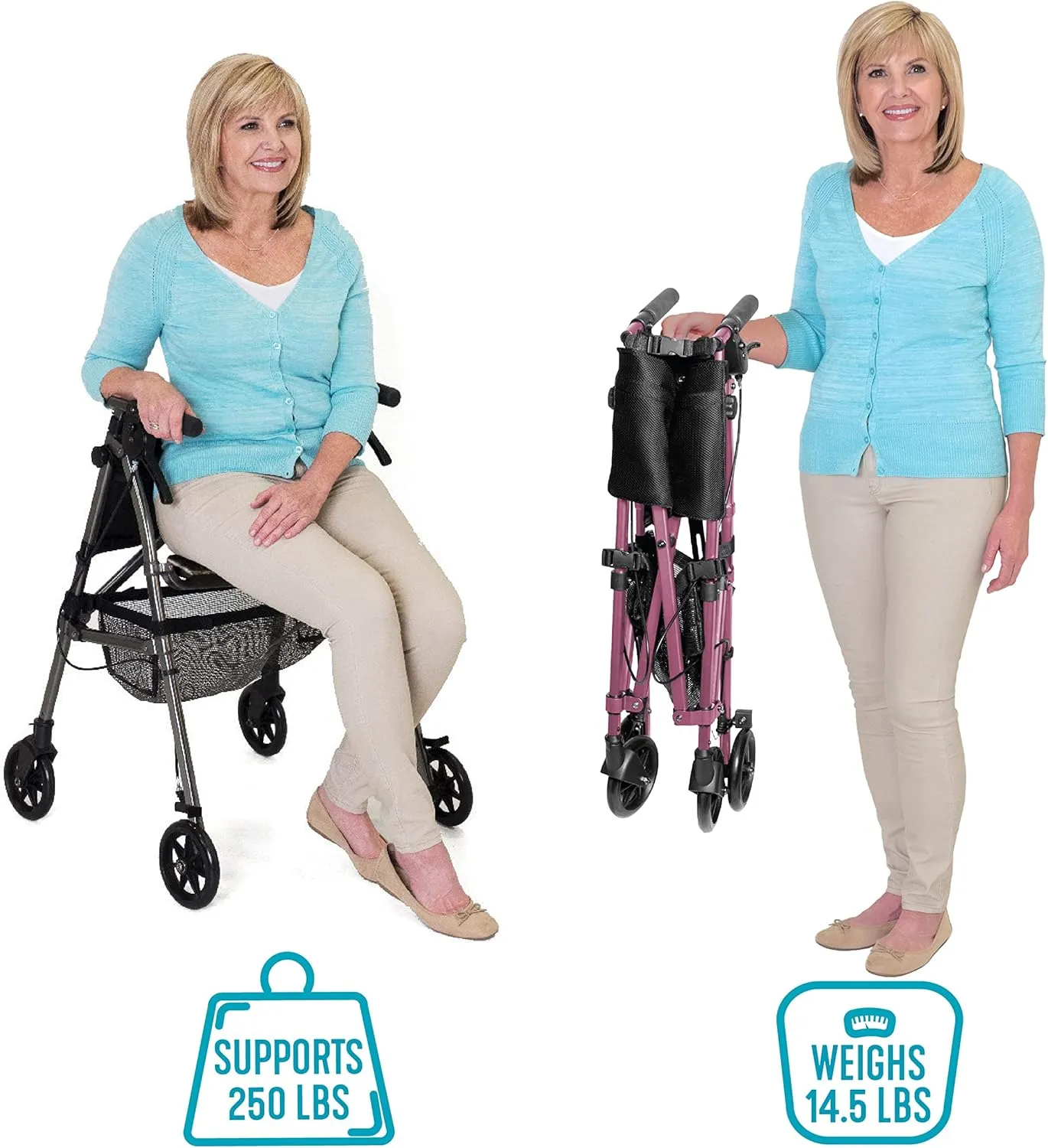 Stander Wonder Rollator Plus Short, Lightweight Junior Folding-Walker for Seniors and Adults, Travel EZ Fold-N-Go-Rollator, Petite Walker with Wheels and Seat, Cobalt Blue