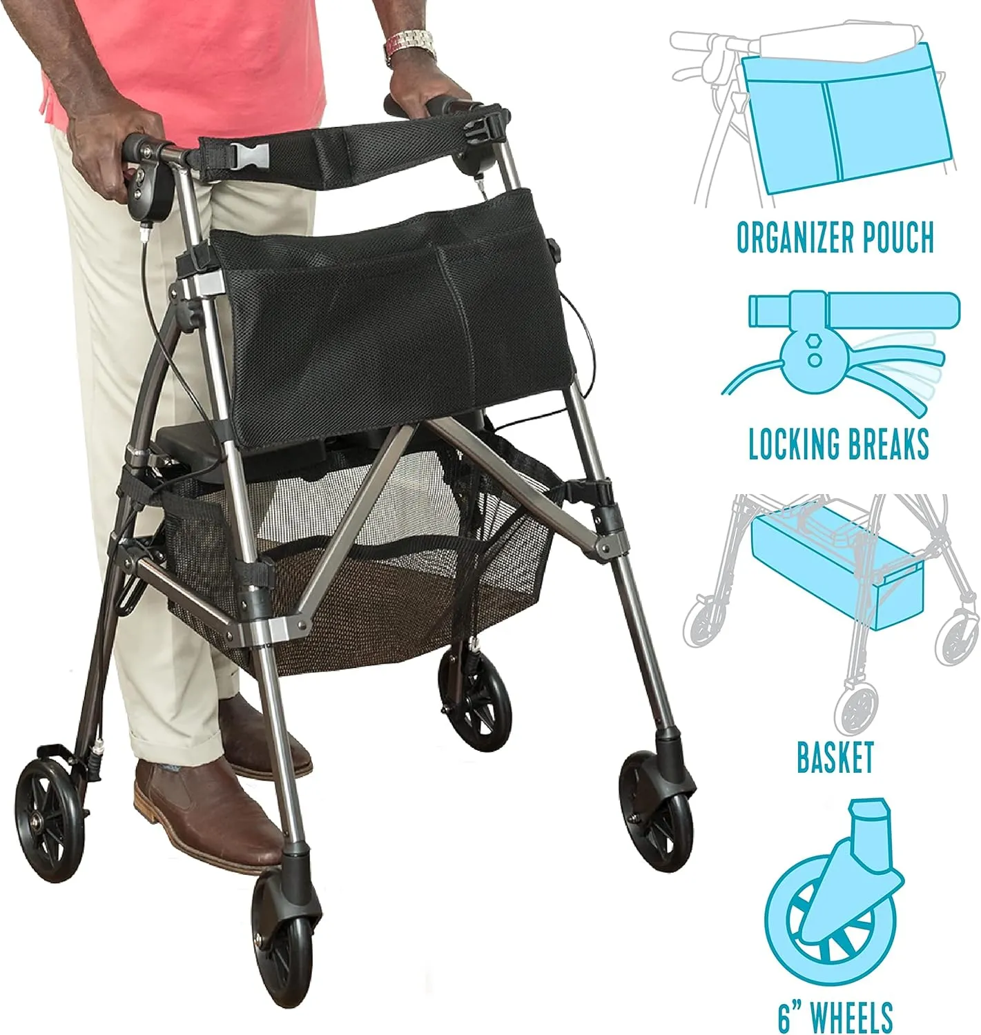 Stander Wonder Rollator Plus Short, Lightweight Junior Folding-Walker for Seniors and Adults, Travel EZ Fold-N-Go-Rollator, Petite Walker with Wheels and Seat, Cobalt Blue