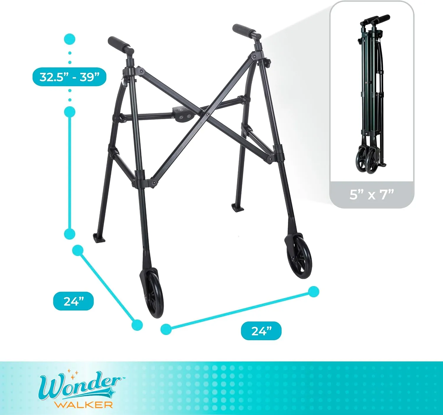 Stander Wonder Walker, Lightweight Foldable Space Saver Rolling Walker for Adults, Seniors, and Elderly, Compact Travel Walker with 6-inch Wheels and Ski Glides for Mobility Support, Matte Black