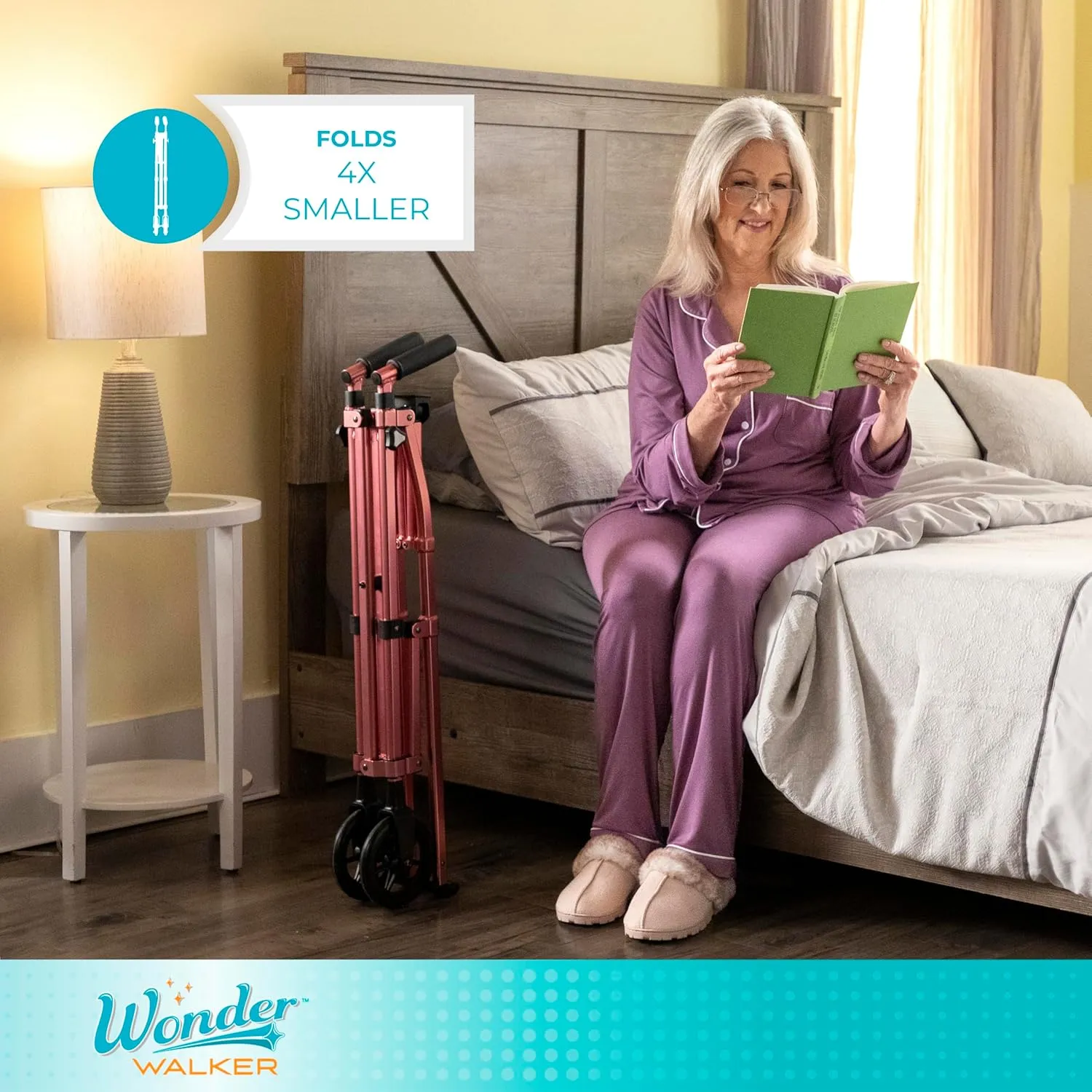 Stander Wonder Walker, Lightweight Foldable Space Saver Rolling Walker for Adults, Seniors, and Elderly, Compact Travel Walker with 6-inch Wheels and Ski Glides for Mobility Support, Matte Black