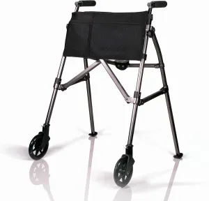 Stander Wonder Walker Plus, Lightweight Folding Rolling-Walker for Adults, Seniors, Elderly, Collapsable Travel EZ Fold-N-Go-Walker with Wheels, Glides, & Pouch, Compact Standard-Walker, Black Walnut