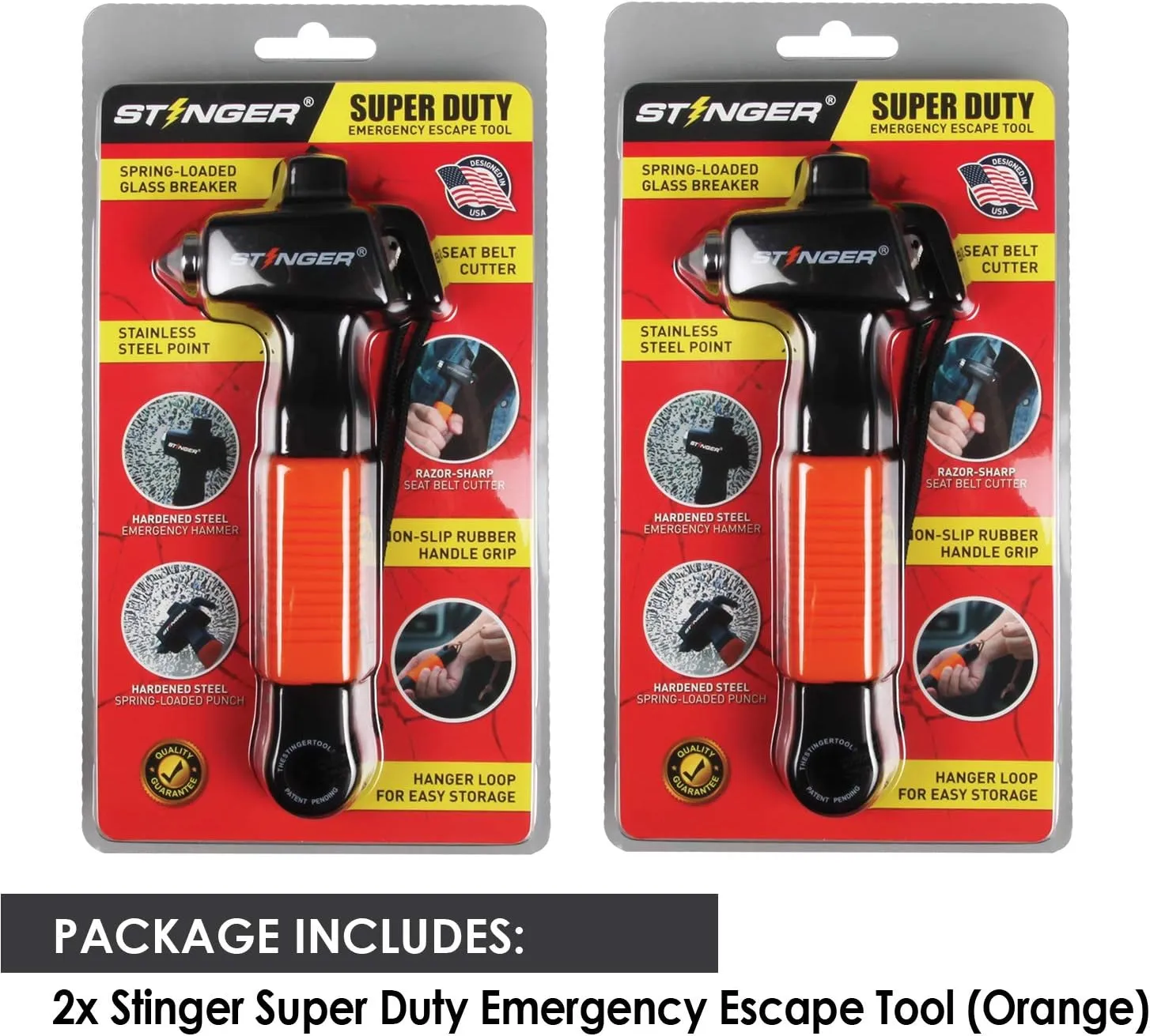 Stinger Super Duty Car Emergency Escape Tool, Hardened Carbon Steel Vehicle Safety Hammer, Spring Loaded Window Breaker, Razor Sharp Seat Belt Cutter, Life-Saving Rescue Tool (Combo 2 pcs Orange)