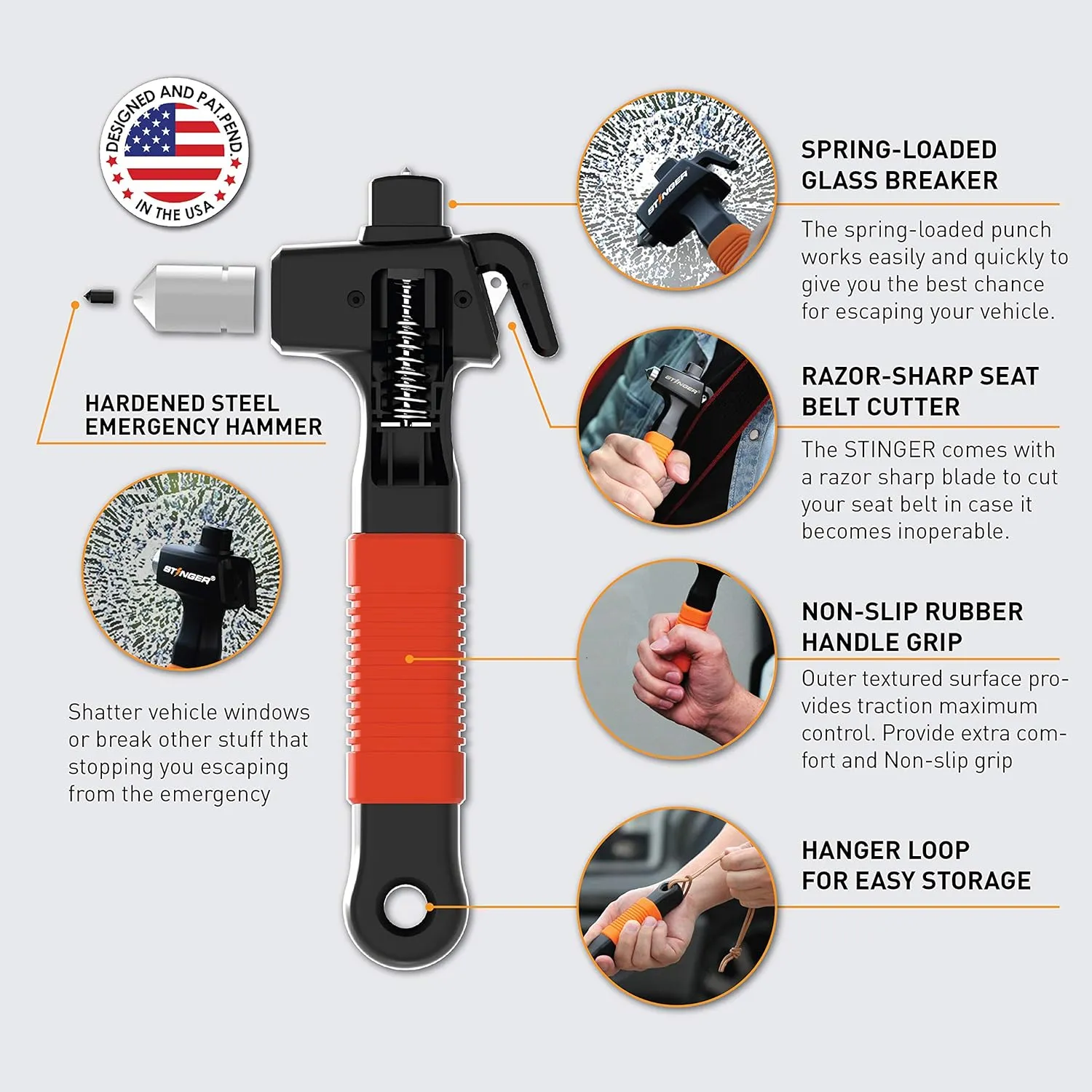 Stinger Super Duty Car Emergency Escape Tool, Hardened Carbon Steel Vehicle Safety Hammer, Spring Loaded Window Breaker, Razor Sharp Seat Belt Cutter, Life-Saving Rescue Tool (Combo 2 pcs Orange)