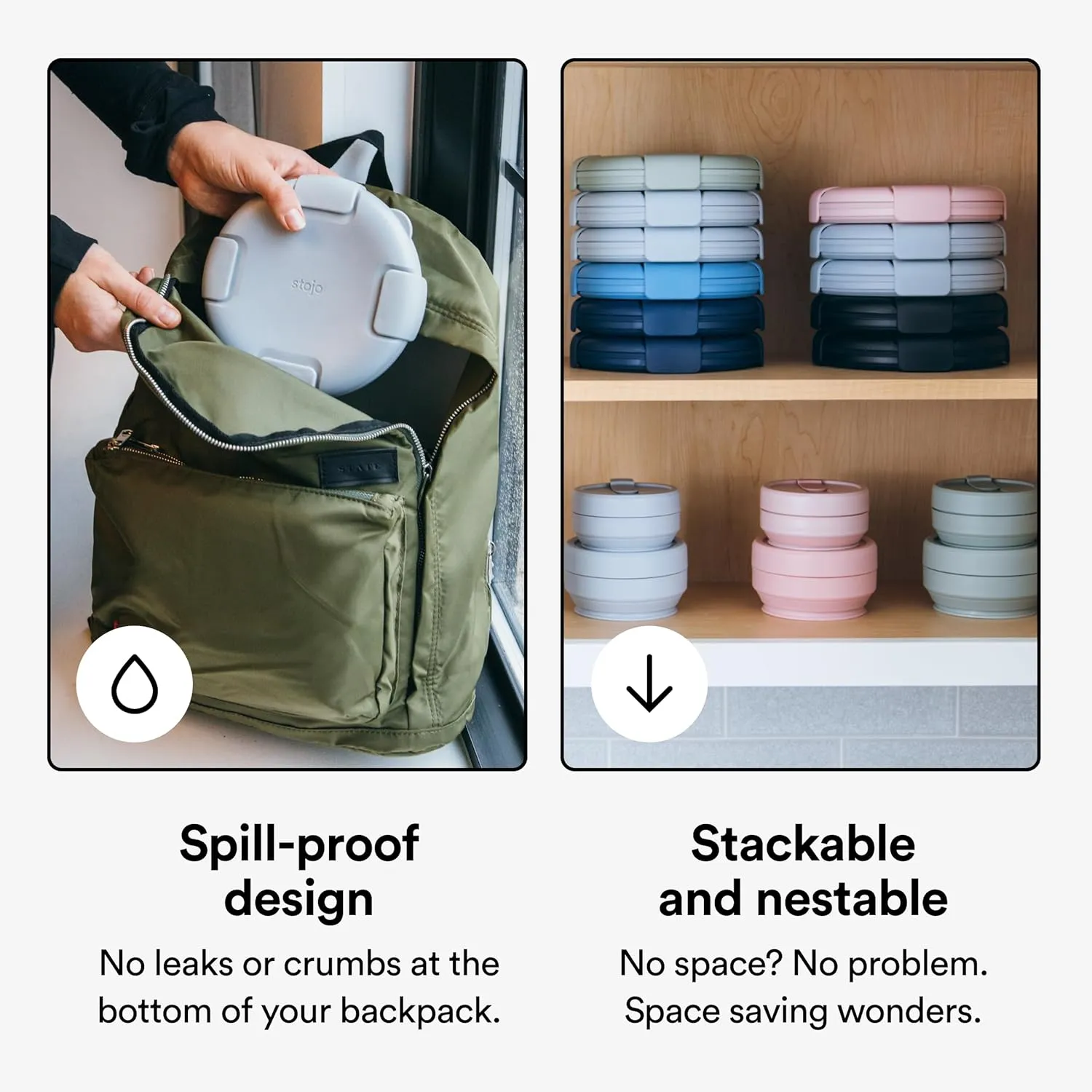 STOJO Collapsible Bowl 3 Set - Translucent Cashmere, 36oz - Reusable Silicone Bowl for Hot and Cold Food - Perfect for Travel, Meal Prep, To-Go Lunch, Camping & Hiking - Microwave & Dishwasher Safe