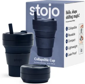 STOJO Collapsible Coffee Cup | Reusable To Go Pocket Size Travel Cup With Straw – Denim Blue, 16oz