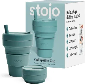 STOJO Collapsible Travel Cup With Straw- Eucalyptus, 16oz / 470ml - Reusable To-Go Pocket Size Silicone Cup for Hot and Cold Drinks - Perfect for Camping and Hiking - Microwave & Dishwasher Safe