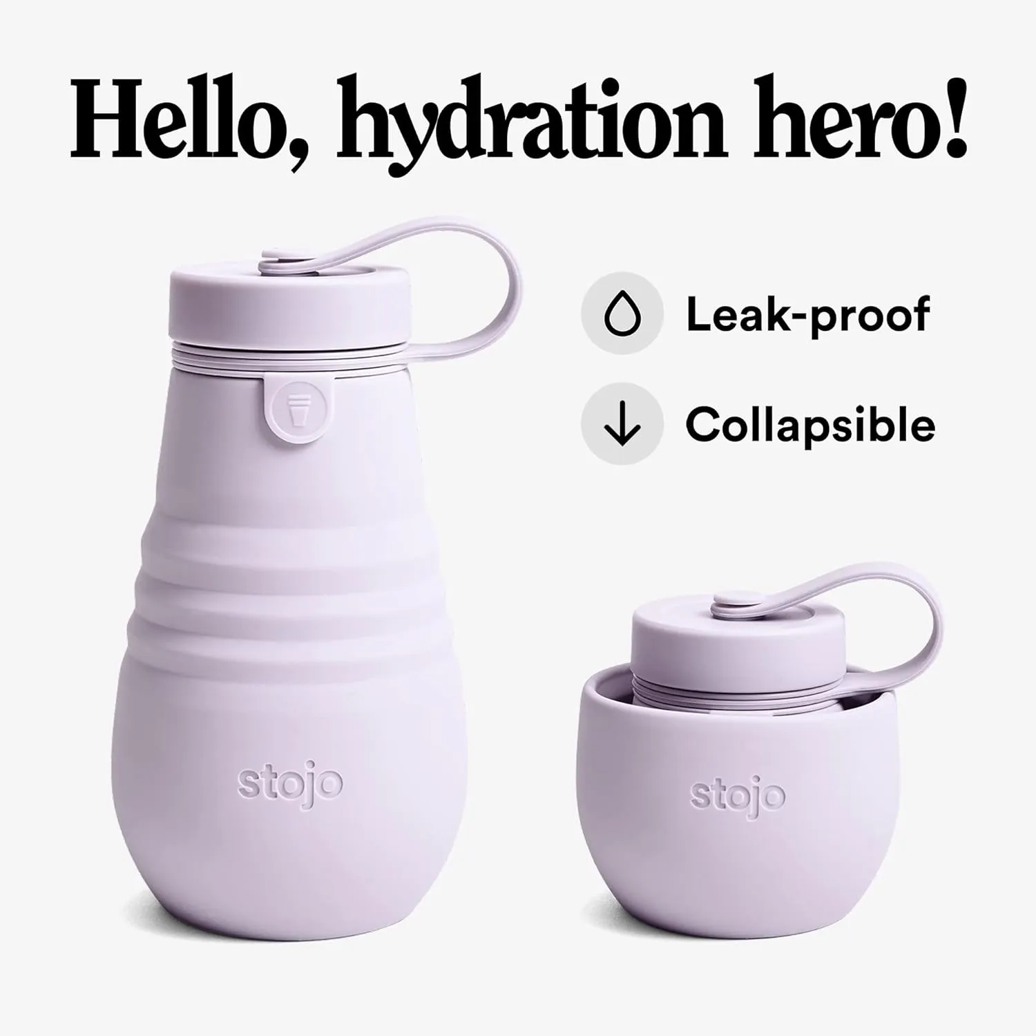 STOJO Jr Collapsible Bottle for Kids - Lilac Purple, 14oz / 400ml - Leak-Proof Reusable Silicone Travel Cup for Hot & Cold Drinks - For Home, On-The-Go Camping & Hiking - Microwave & Dishwasher Safe