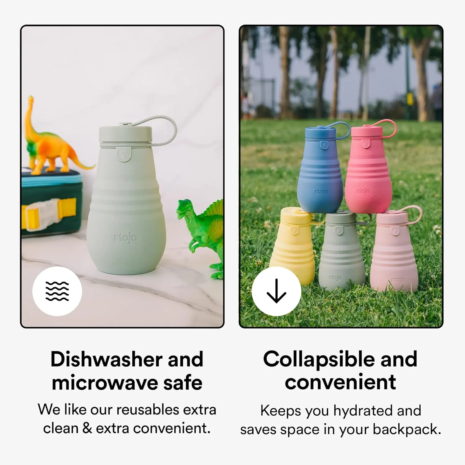 STOJO Jr Collapsible Bottle for Kids - Lilac Purple, 14oz / 400ml - Leak-Proof Reusable Silicone Travel Cup for Hot & Cold Drinks - For Home, On-The-Go Camping & Hiking - Microwave & Dishwasher Safe
