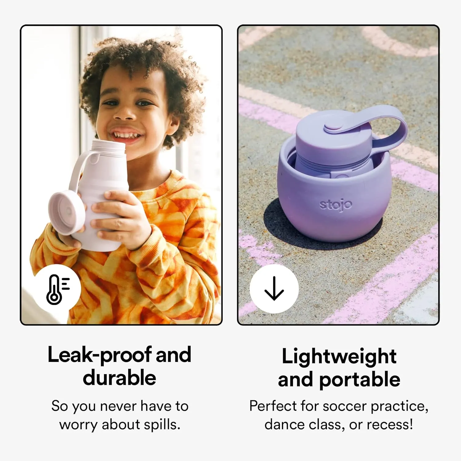 STOJO Jr Collapsible Bottle for Kids - Lilac Purple, 14oz / 400ml - Leak-Proof Reusable Silicone Travel Cup for Hot & Cold Drinks - For Home, On-The-Go Camping & Hiking - Microwave & Dishwasher Safe