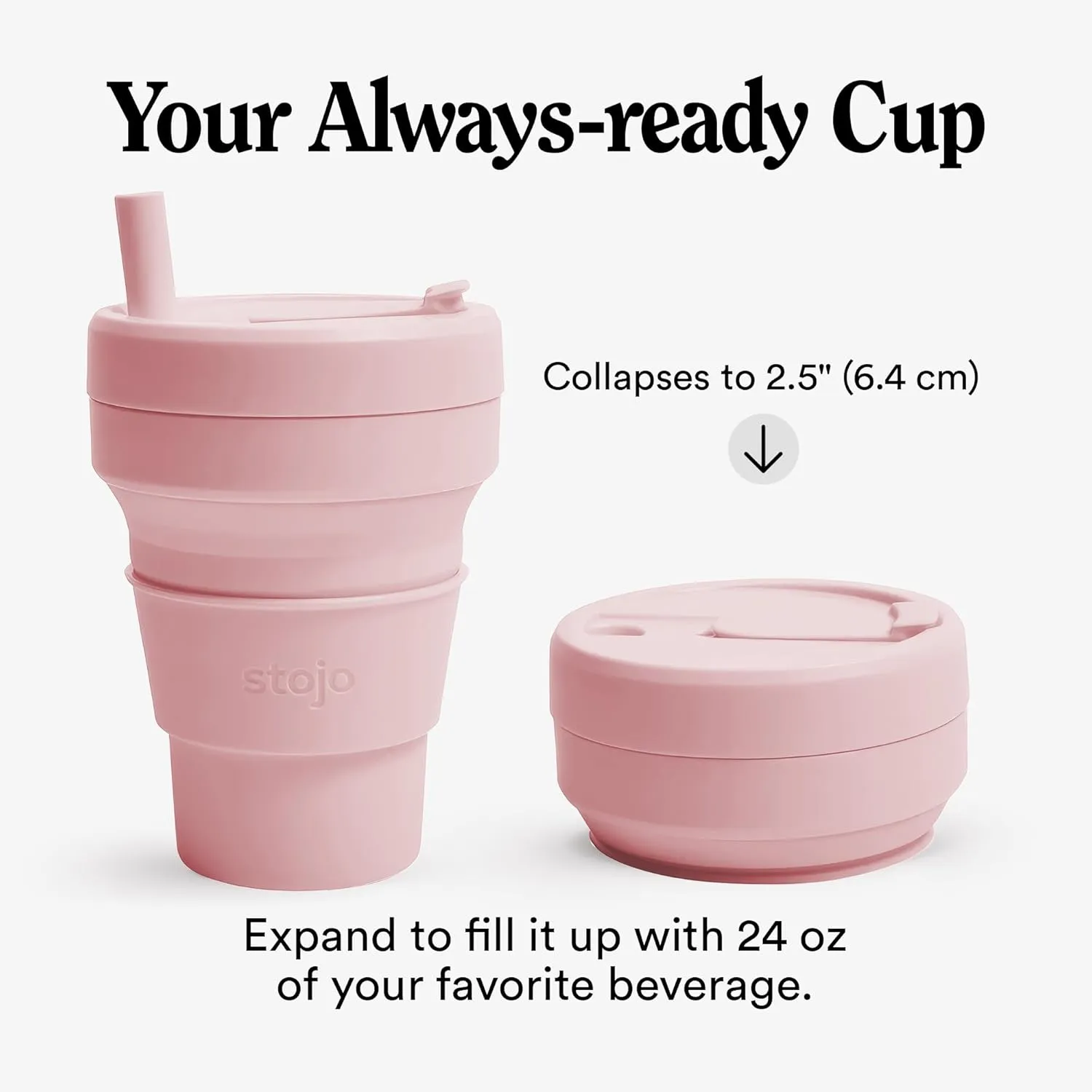 STOJO Titan Collapsible Travel Cup With Straw - Carnation Pink, 24oz / 710ml - Reusable To-Go Pocket Size Silicone Cup for Hot & Cold Drinks - Camping and Hiking - Microwave & Dishwasher Safe