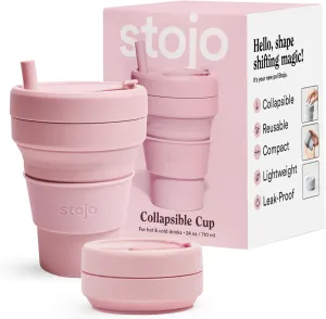 STOJO Titan Collapsible Travel Cup With Straw - Carnation Pink, 24oz / 710ml - Reusable To-Go Pocket Size Silicone Cup for Hot & Cold Drinks - Camping and Hiking - Microwave & Dishwasher Safe