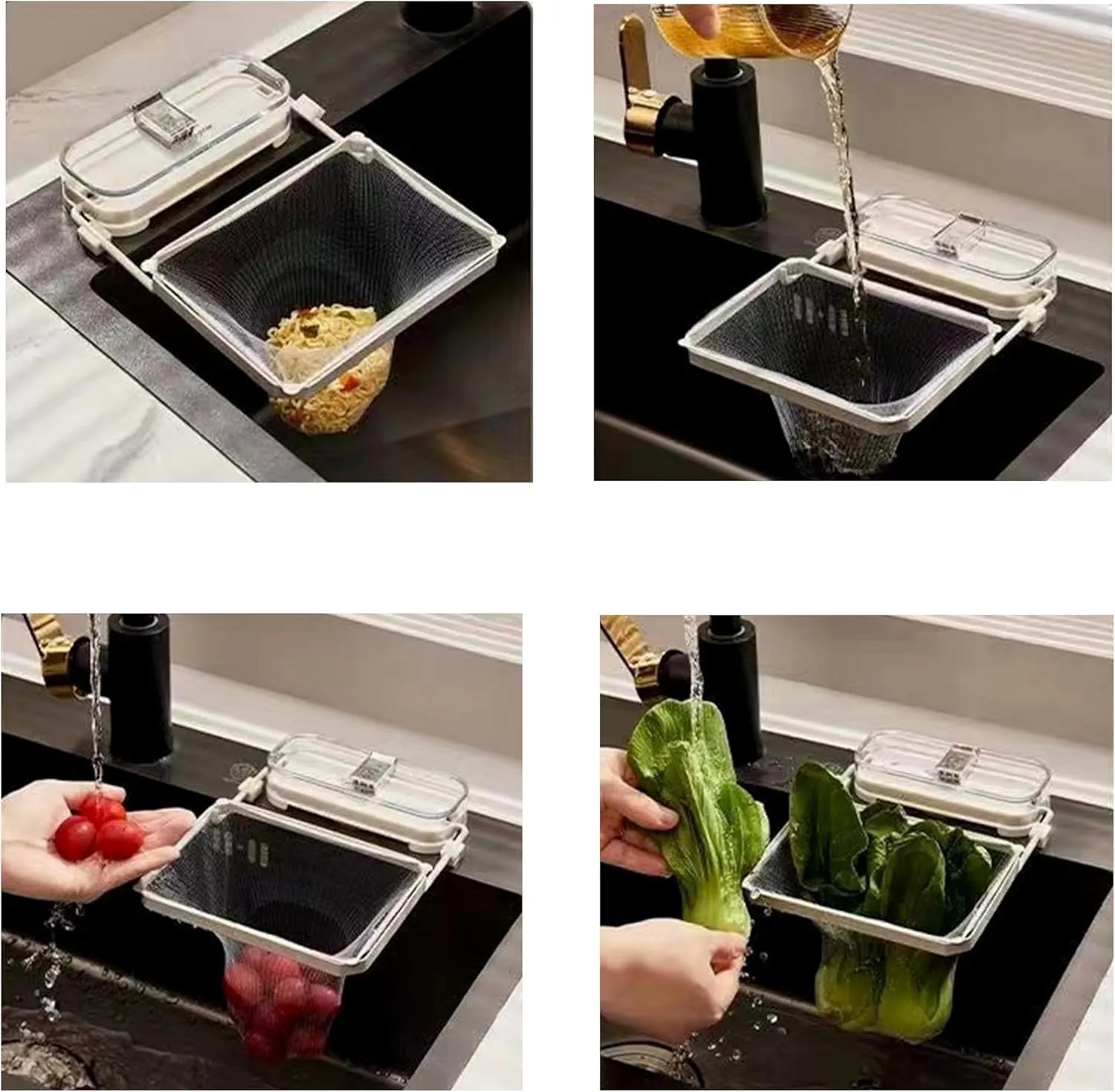 Suction Cup Foldable Metal & Plastic Sink Strainer - 50 Detachable Mesh Bags, Edge-Mounted Kitchen Drain Filter with Collapsible Basket, Anti-Slip Food Waste Catcher for Sink (White)