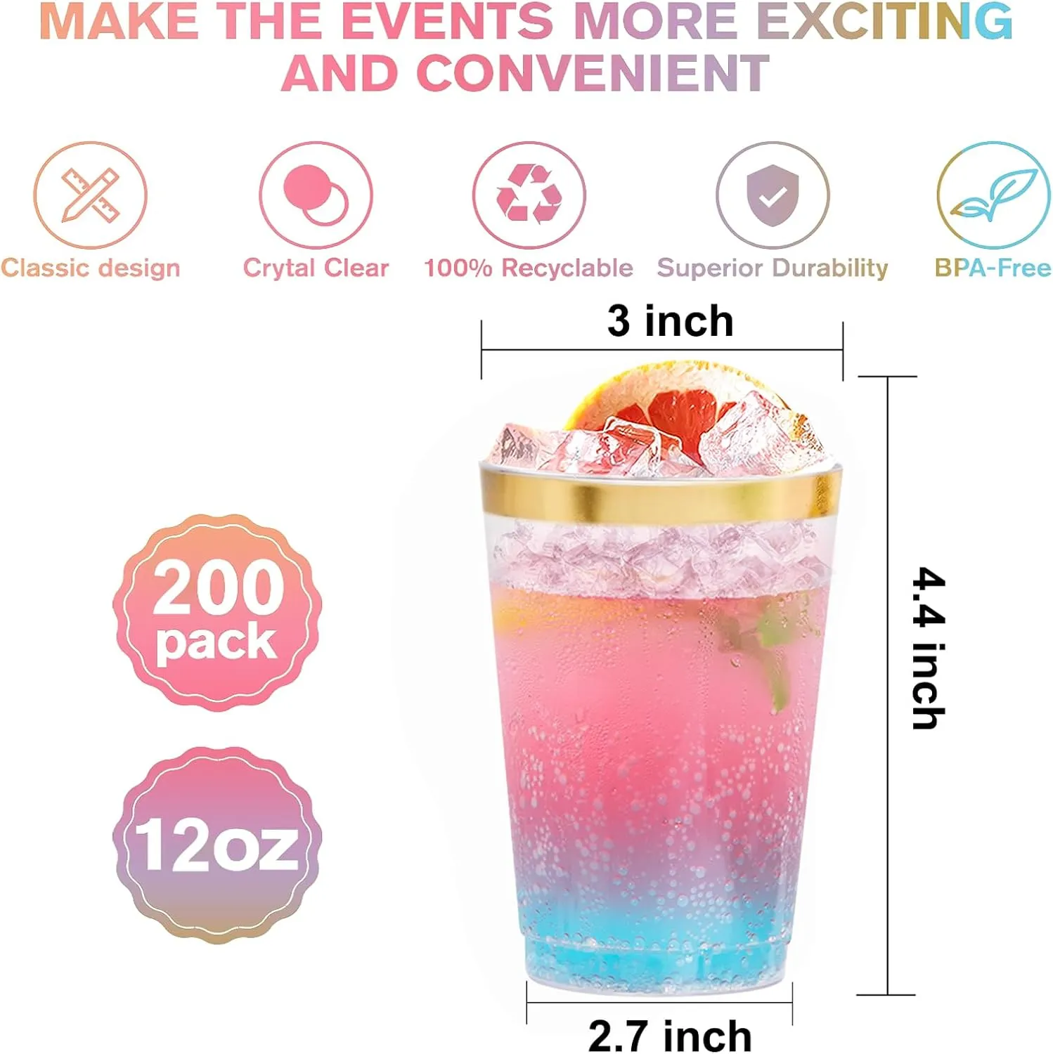 Supernal 200pcs Gold Plastic Cups, 12oz Clear Plastic Drinking Cups, Disposable, Durable, Lightweight, Reusable for Hot & Cold Drinks, Weddings, Parties