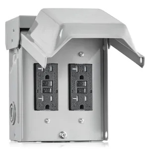 SURAIELEC Outdoor Electrical Outlet Box, Dual 20 AMP WRTR GFCI Receptacles, Rainproof 3R Enclosure, Weatherproof All Metal Outlet Cover, Power Plug for Garden, Outdoor Lights, ETL Listed