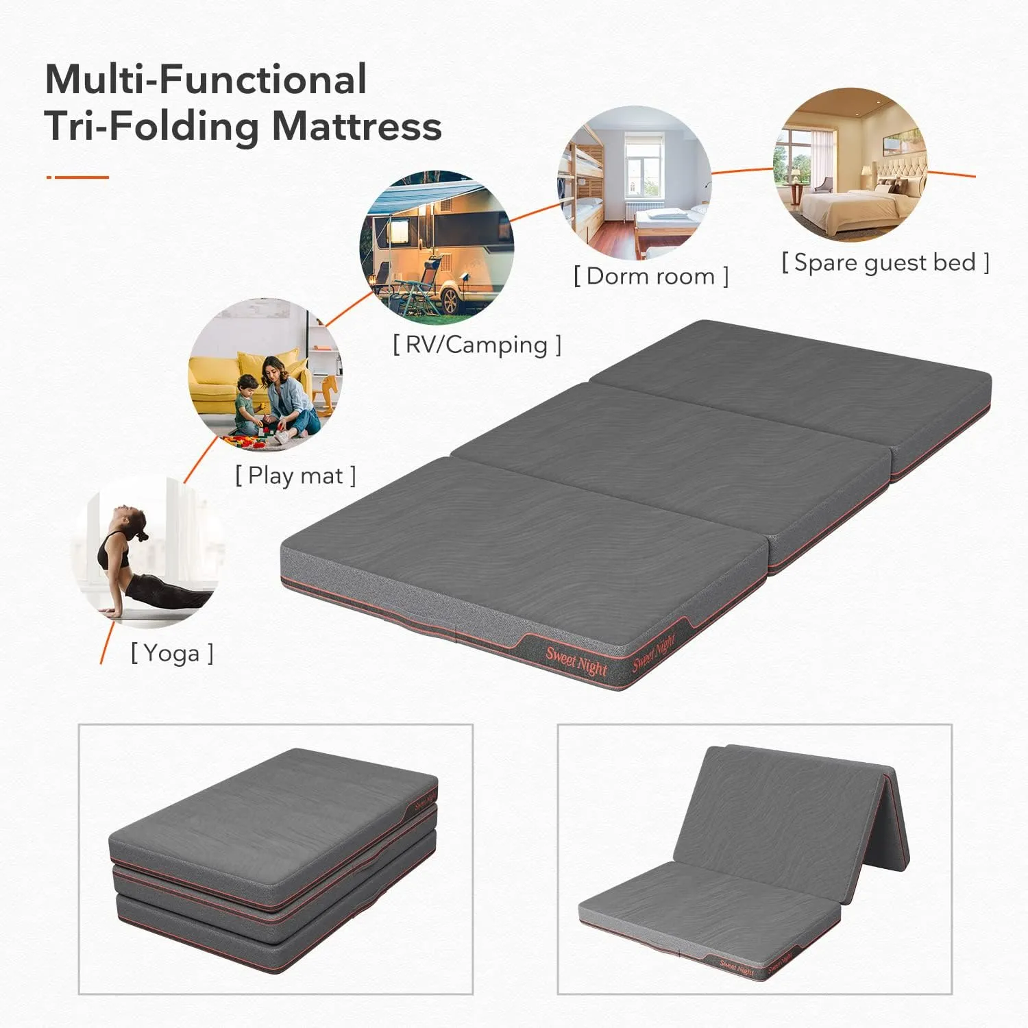 Sweetnight Folding Mattress Queen Size with Carry Bag, 4-Inch Foldable Mattress for Travel, Camping, Guest - Breathable Mesh Sides & Portable - Compact and Easy to Storage,Grey