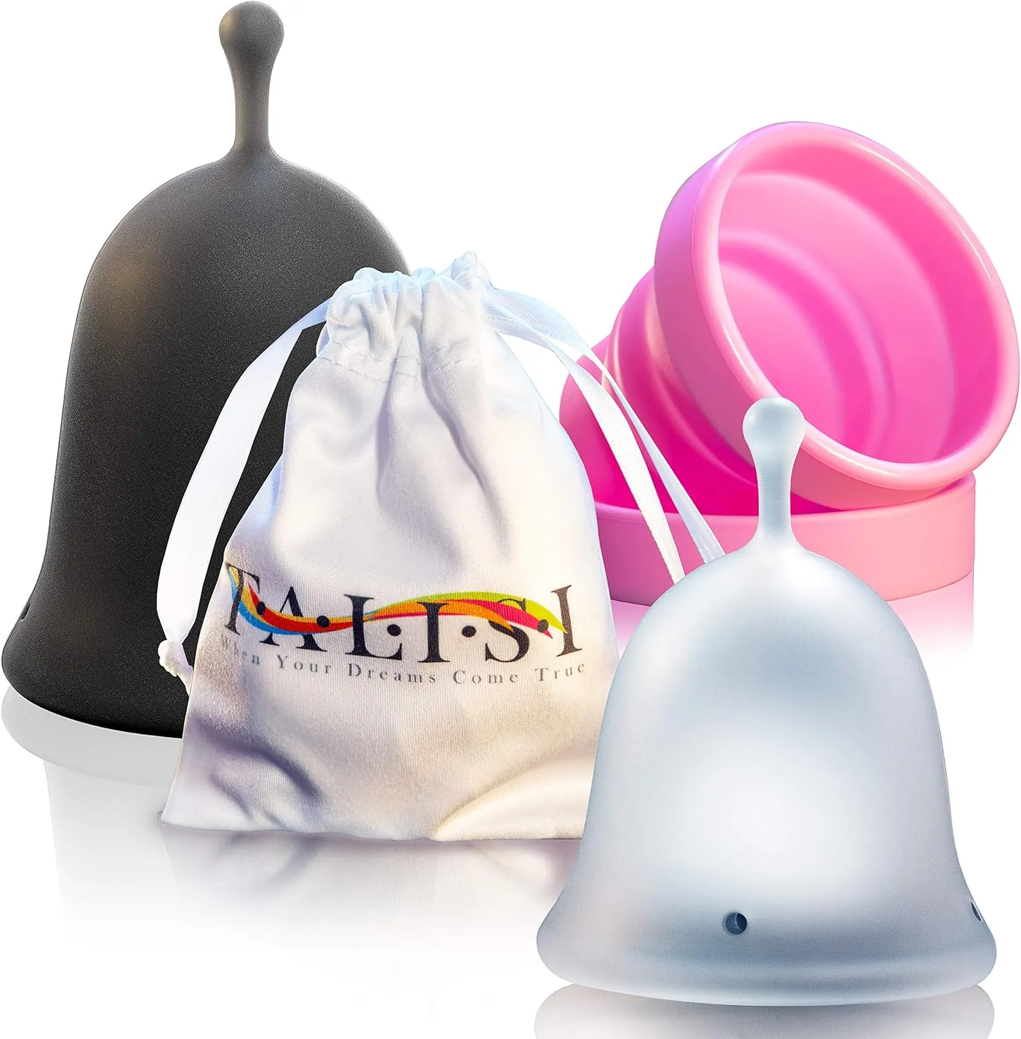 Talisi Menstrual Cups - Set of 2 Reusable Silicone Period Cups with Collapsible Case Holder Sterilizer - Soft Flexible Feminine Cup Small Large Size - Alternative Tampon and Pad - Regular Heavy Flow