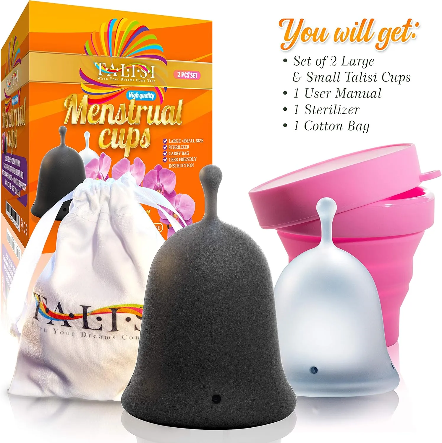 Talisi Menstrual Cups - Set of 2 Reusable Silicone Period Cups with Collapsible Case Holder Sterilizer - Soft Flexible Feminine Cup Small Large Size - Alternative Tampon and Pad - Regular Heavy Flow