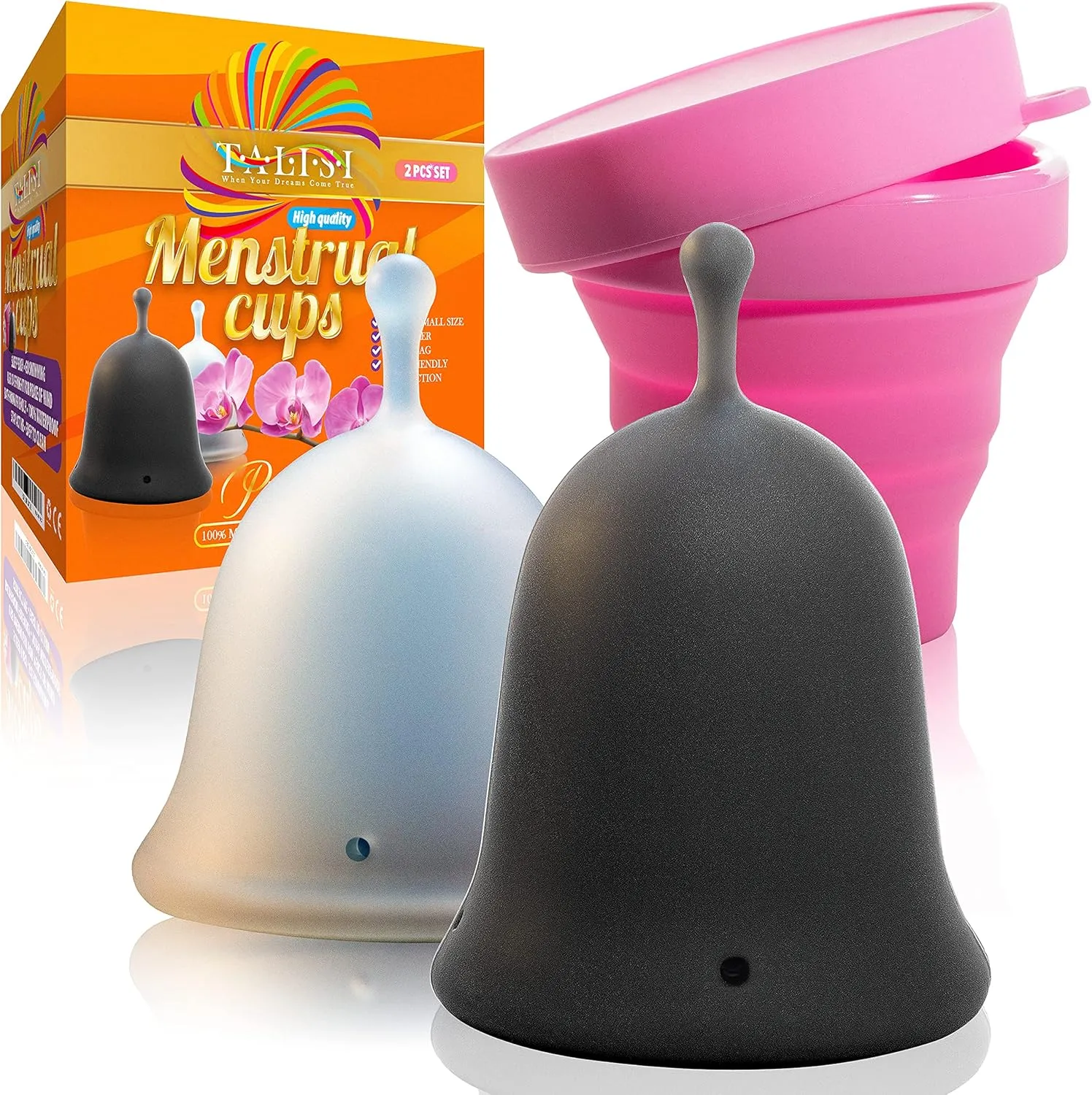Talisi Menstrual Cups - Set of 2 Reusable Silicone Period Cups with Collapsible Case Holder Sterilizer - Soft Flexible Feminine Cup Small Large Size - Alternative Tampon and Pad - Regular Heavy Flow