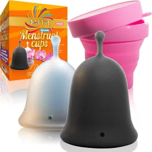 Talisi Menstrual Cups - Set of 2 Reusable Silicone Period Cups with Collapsible Case Holder Sterilizer - Soft Flexible Feminine Cup Small Large Size - Alternative Tampon and Pad - Regular Heavy Flow