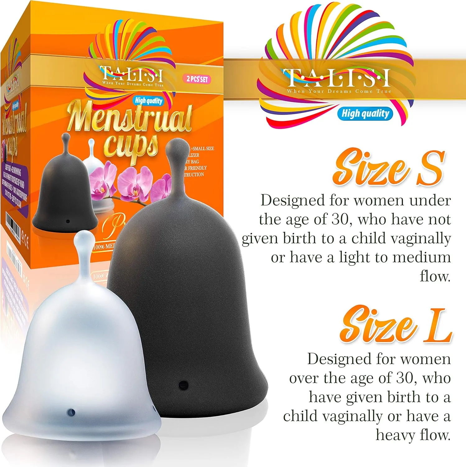 Talisi Menstrual Cups - Set of 2 Reusable Silicone Period Cups with Collapsible Case Holder Sterilizer - Soft Flexible Feminine Cup Small Large Size - Alternative Tampon and Pad - Regular Heavy Flow