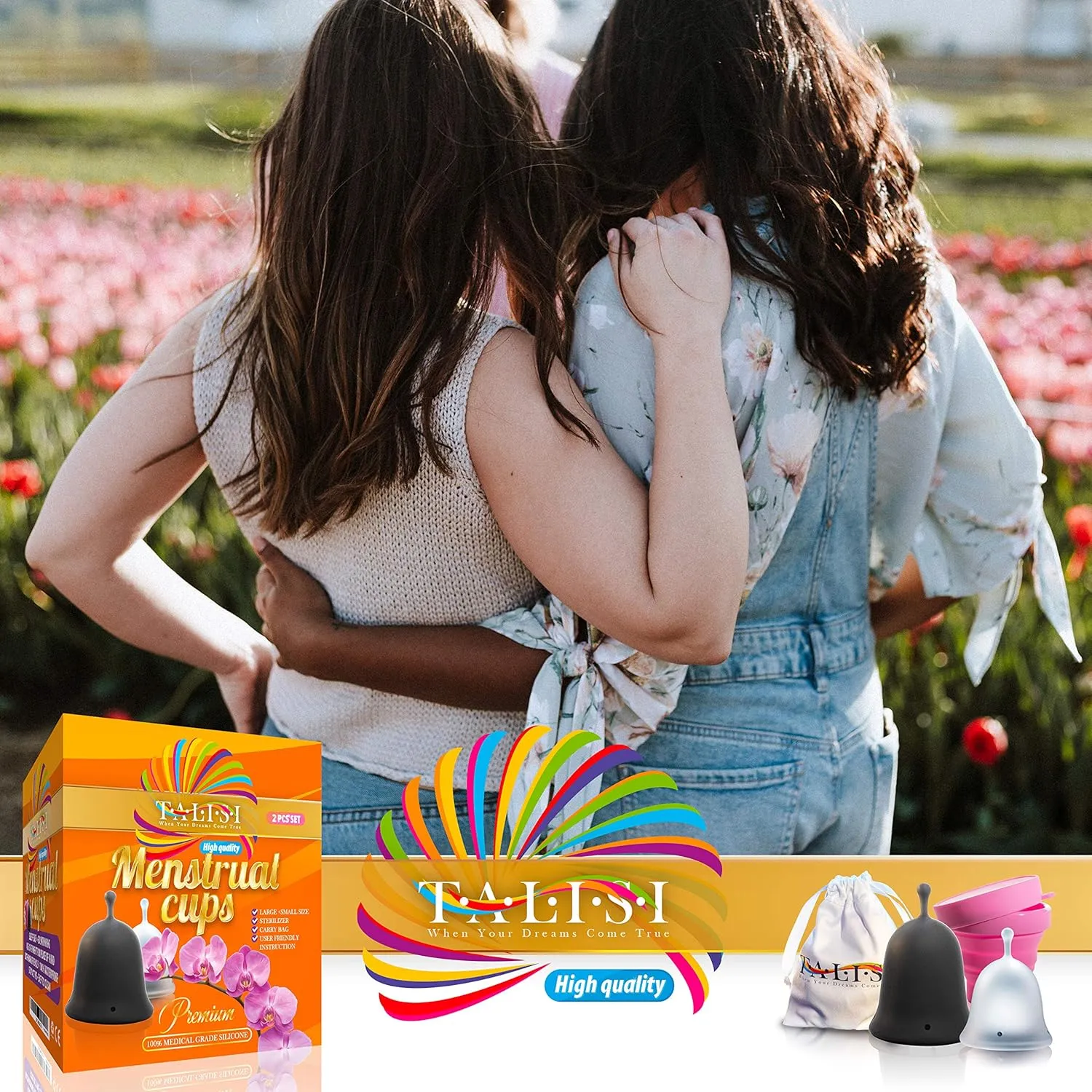 Talisi Menstrual Cups - Set of 2 Reusable Silicone Period Cups with Collapsible Case Holder Sterilizer - Soft Flexible Feminine Cup Small Large Size - Alternative Tampon and Pad - Regular Heavy Flow