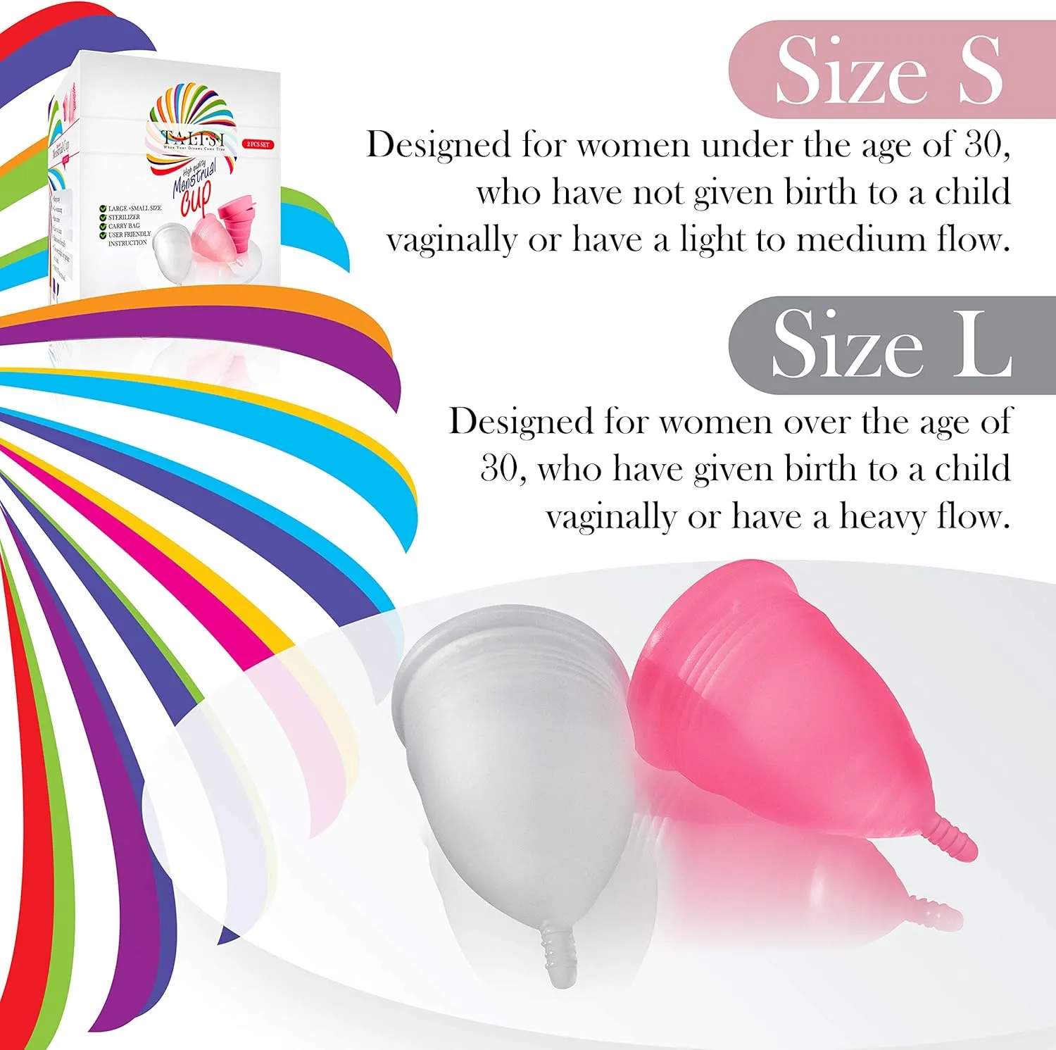 Talisi Menstrual Cups Set of 2 with Collapsible Cleaner Silicone Sterilizer - Soft Reusable Period Kit - Tampon Pads Disc Alternative - Menstruation Feminine Cup Regular, Heavy Flow (Small & Large)