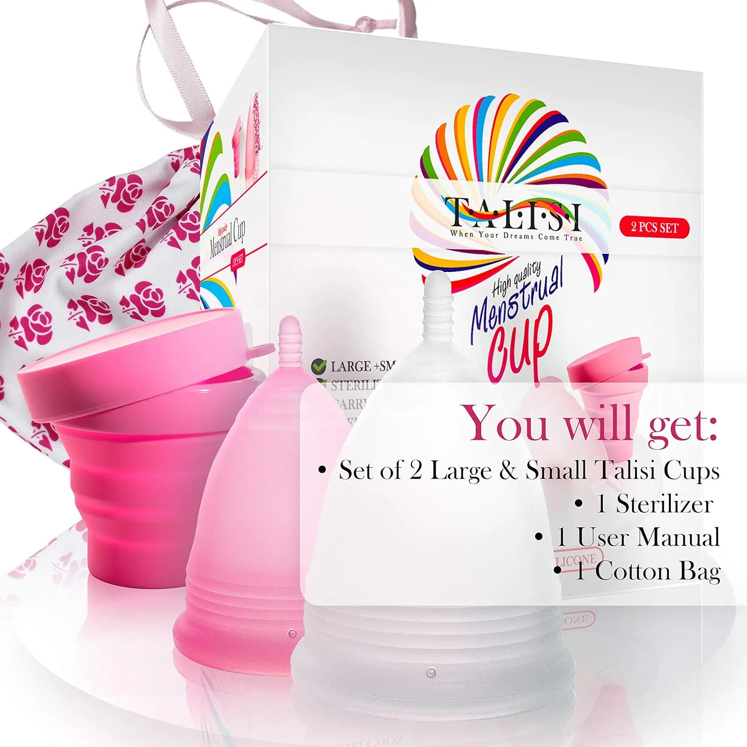 Talisi Menstrual Cups Set of 2 with Collapsible Cleaner Silicone Sterilizer - Soft Reusable Period Kit - Tampon Pads Disc Alternative - Menstruation Feminine Cup Regular, Heavy Flow (Small & Large)