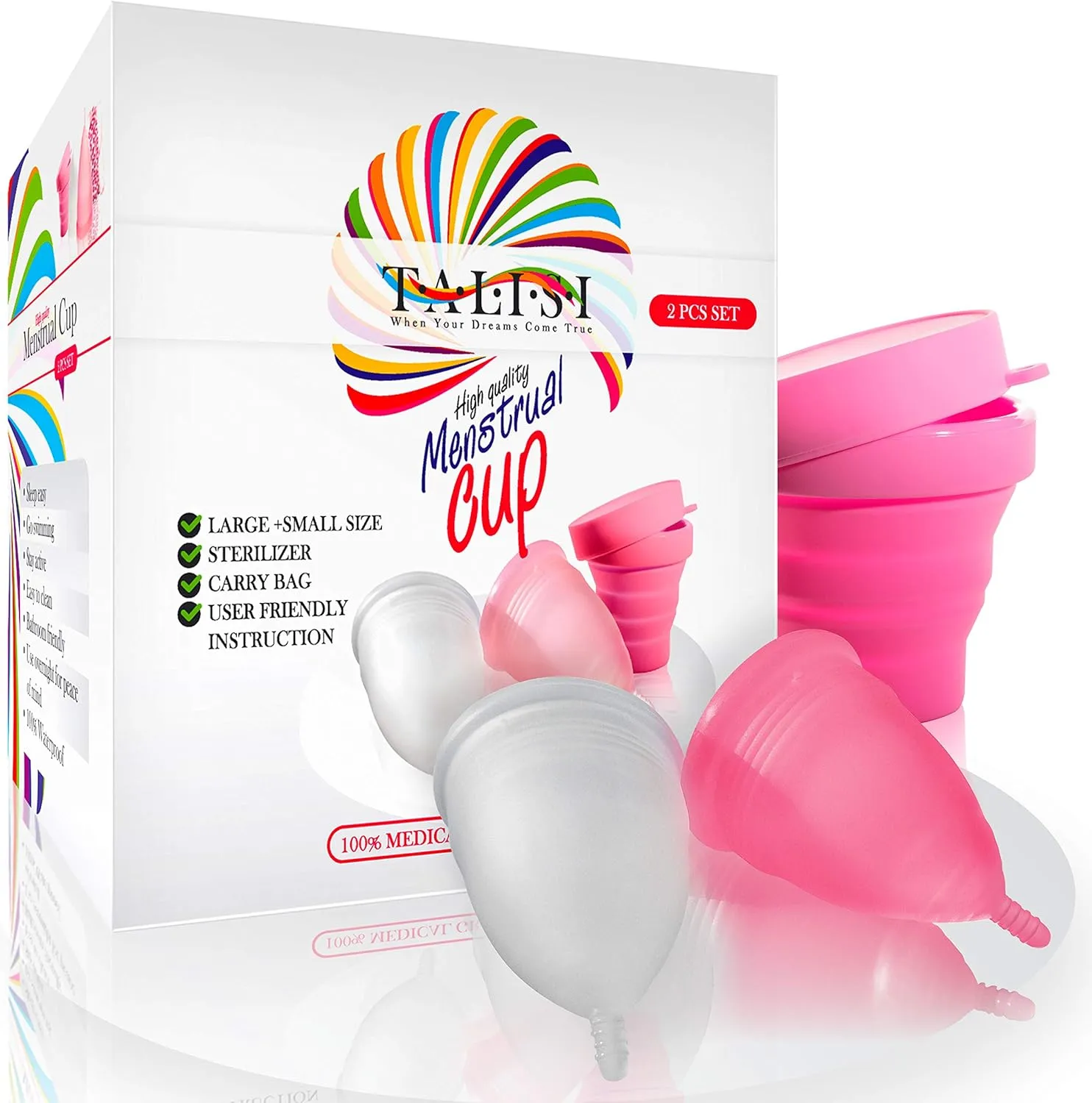 Talisi Menstrual Cups Set of 2 with Collapsible Cleaner Silicone Sterilizer - Soft Reusable Period Kit - Tampon Pads Disc Alternative - Menstruation Feminine Cup Regular, Heavy Flow (Small & Large)
