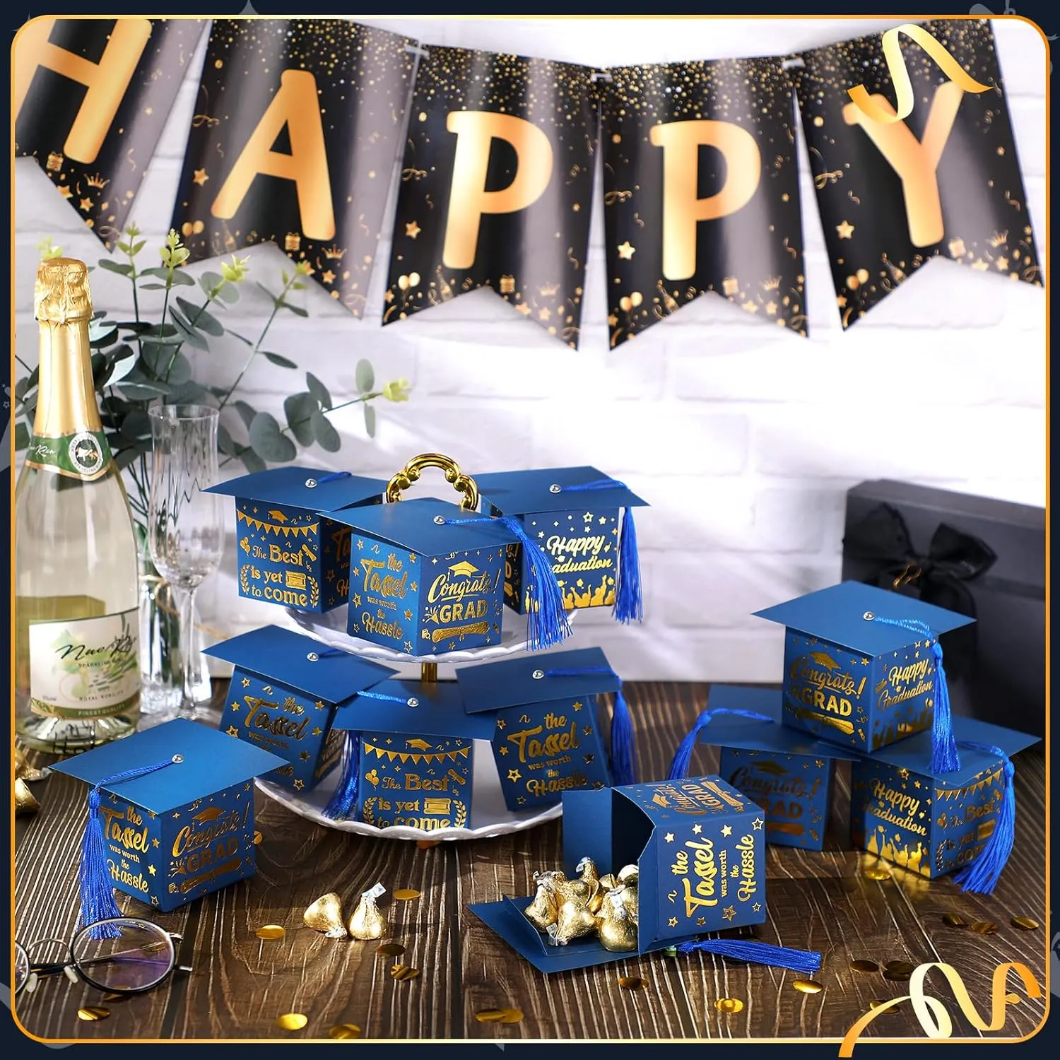 TaoBary 30 Pcs Graduation Cap Candy Box with Tassel Party Favors & Decorations - Blue