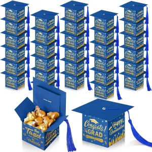 TaoBary 30 Pcs Graduation Cap Candy Box with Tassel Party Favors & Decorations - Blue