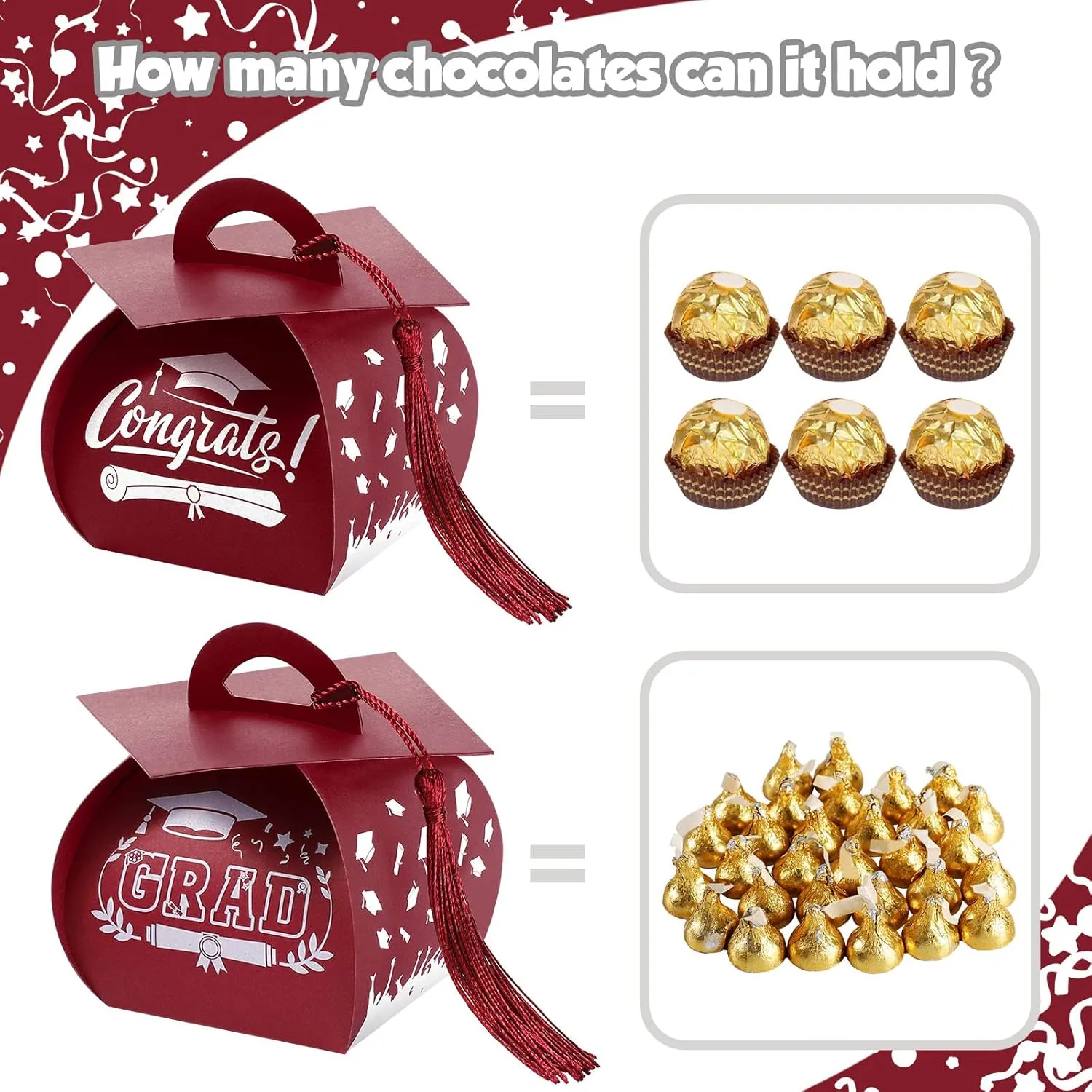 TaoBary 30 Pieces Graduation Cap Candy Box 2025 Graduation Prom Boxes Party Favors Treat with Tassel Centerpieces for Tables Decorations Grad Party Supplies(Maroon)