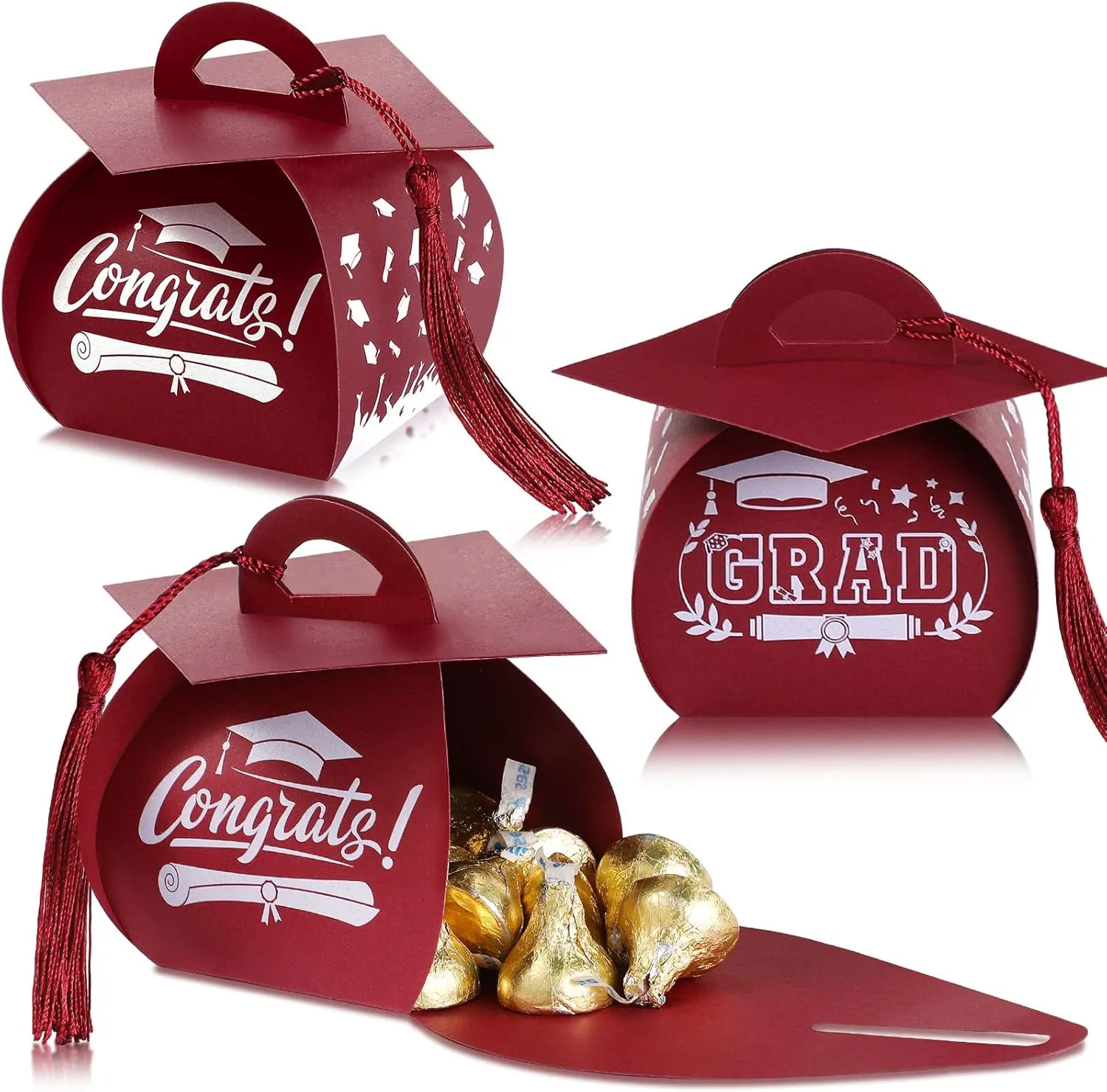 TaoBary 30 Pieces Graduation Cap Candy Box 2025 Graduation Prom Boxes Party Favors Treat with Tassel Centerpieces for Tables Decorations Grad Party Supplies(Maroon)