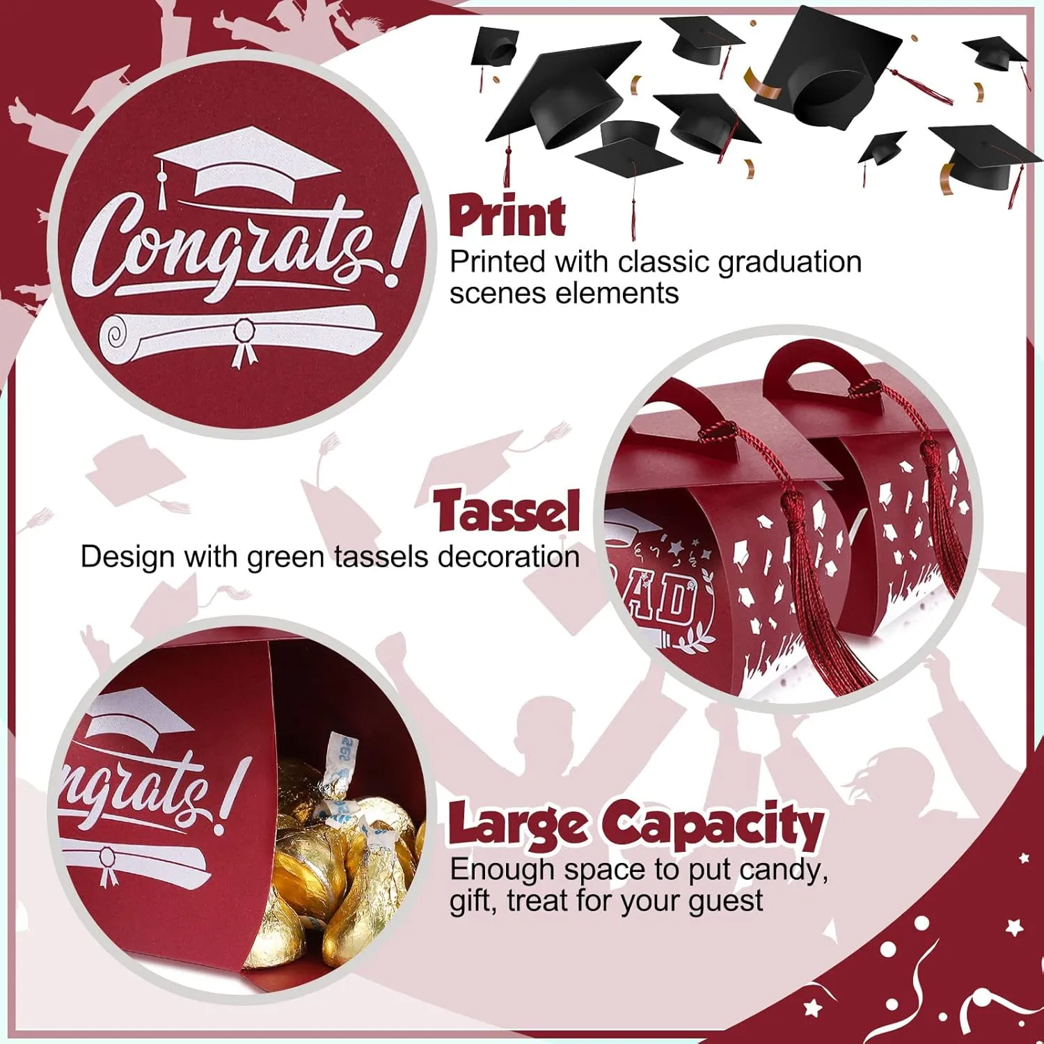 TaoBary 30 Pieces Graduation Cap Candy Box 2025 Graduation Prom Boxes Party Favors Treat with Tassel Centerpieces for Tables Decorations Grad Party Supplies(Maroon)
