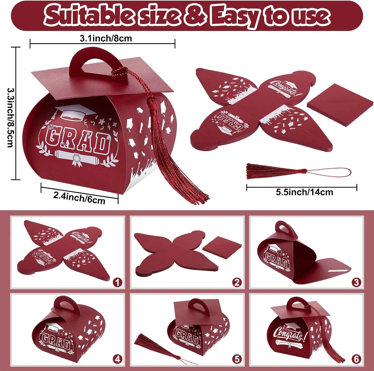 TaoBary 30 Pieces Graduation Cap Candy Box 2025 Graduation Prom Boxes Party Favors Treat with Tassel Centerpieces for Tables Decorations Grad Party Supplies(Maroon)