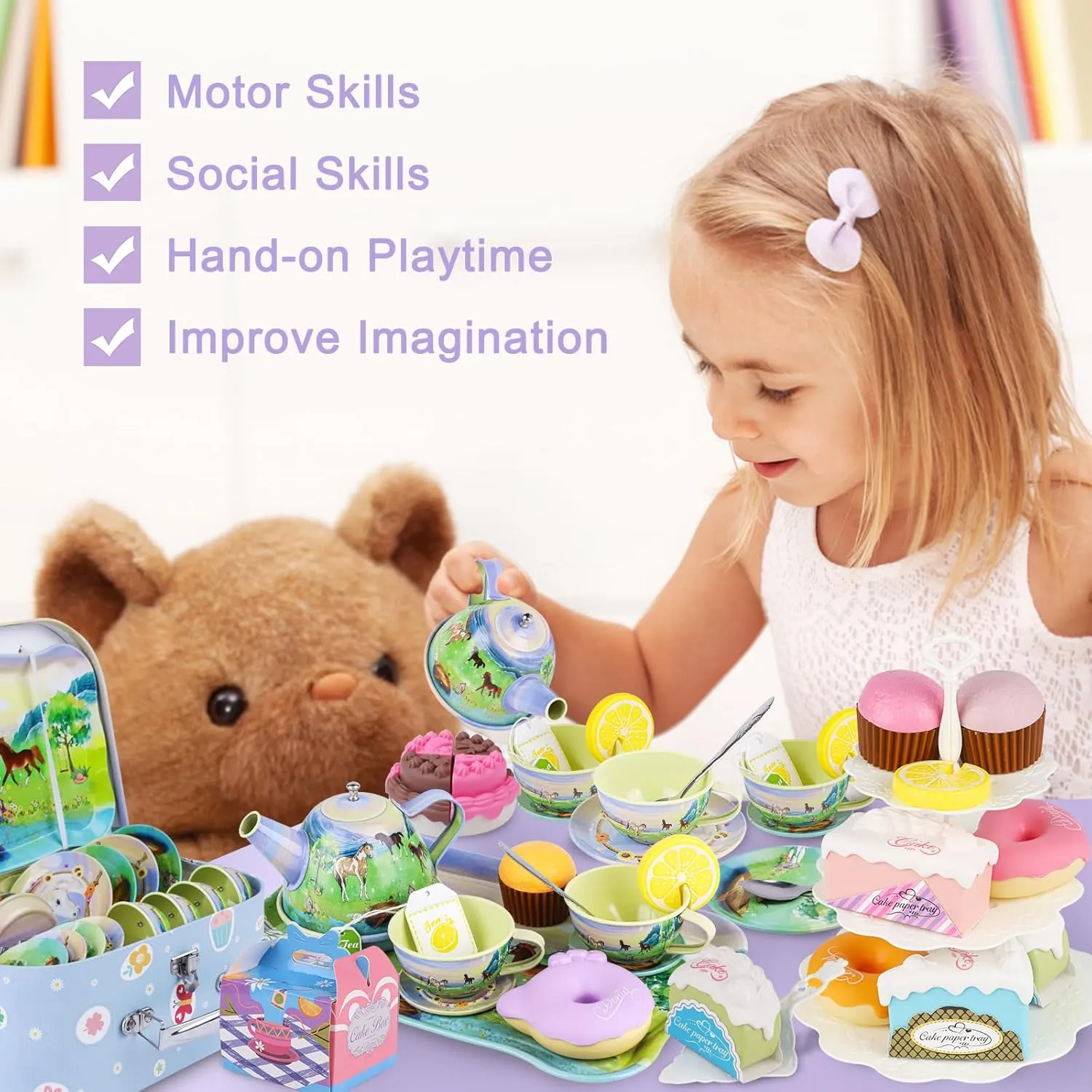 Tea Party Set for Little Girls,50PCS Princess Horse Tea Time Toy Including Food Sweet Treats Playsets,Teapot Tray Cake,Tablecloth & Carrying Case,Kids Kitchen Pretend Play for Girls Boys Age 3 4 5 6