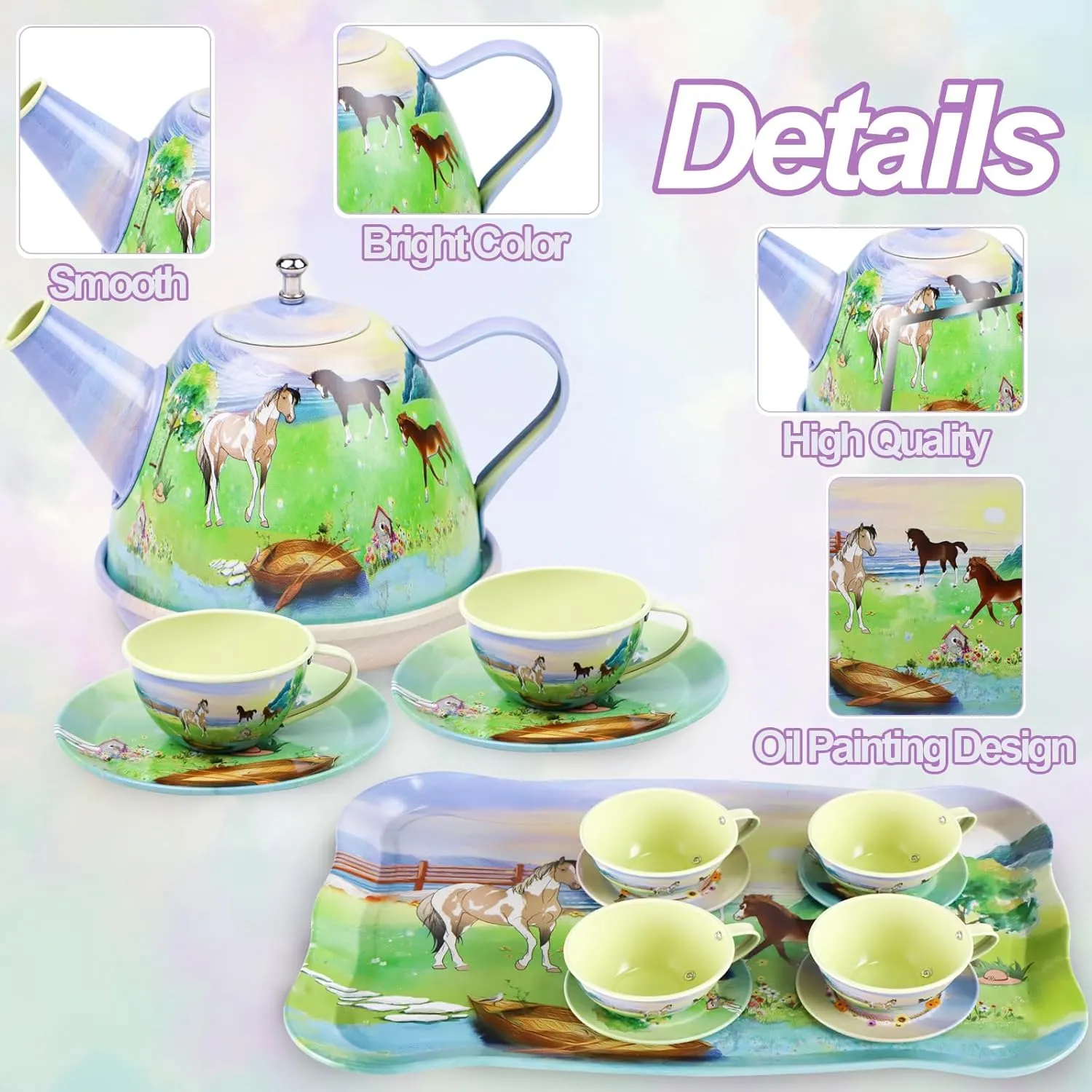 Tea Party Set for Little Girls,50PCS Princess Horse Tea Time Toy Including Food Sweet Treats Playsets,Teapot Tray Cake,Tablecloth & Carrying Case,Kids Kitchen Pretend Play for Girls Boys Age 3 4 5 6