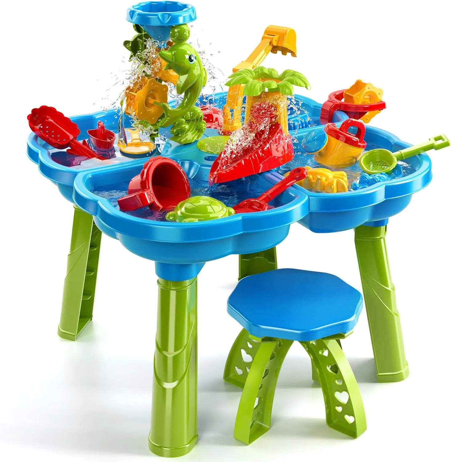 TEMI 4-in-1 Kids Sand Water Table for Toddlers 3-5, 32PCS Sandbox Table Kids Activity Sensory Play Table Summer Outdoor Toys for Toddler Boys Girls