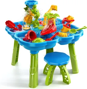 TEMI 4-in-1 Kids Sand Water Table for Toddlers 3-5, 32PCS Sandbox Table Kids Activity Sensory Play Table Summer Outdoor Toys for Toddler Boys Girls
