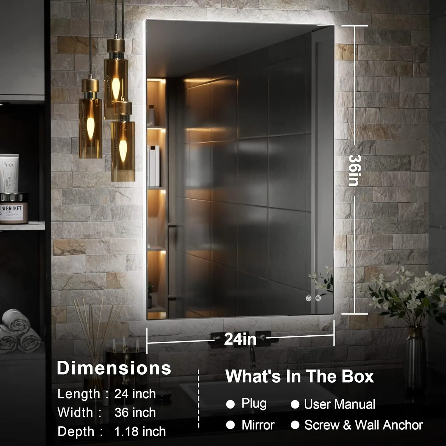 TETOTE 24 x 36 Inch LED Mirror Backlit Bathroom,Anti-Fog Mirror with Light,Dimmable,CRI90 ,IP54 Water Proof,Wall Mounted Vanity Lighted,Horizontal/Vertical