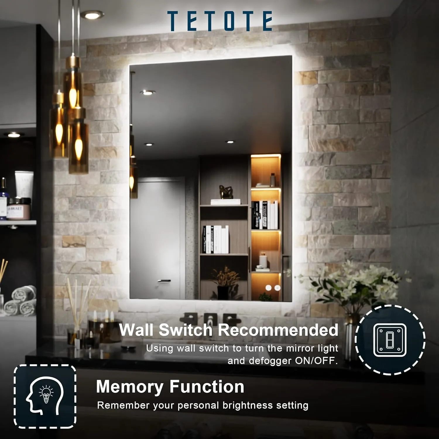 TETOTE 24 x 36 Inch LED Mirror Backlit Bathroom,Anti-Fog Mirror with Light,Dimmable,CRI90 ,IP54 Water Proof,Wall Mounted Vanity Lighted,Horizontal/Vertical